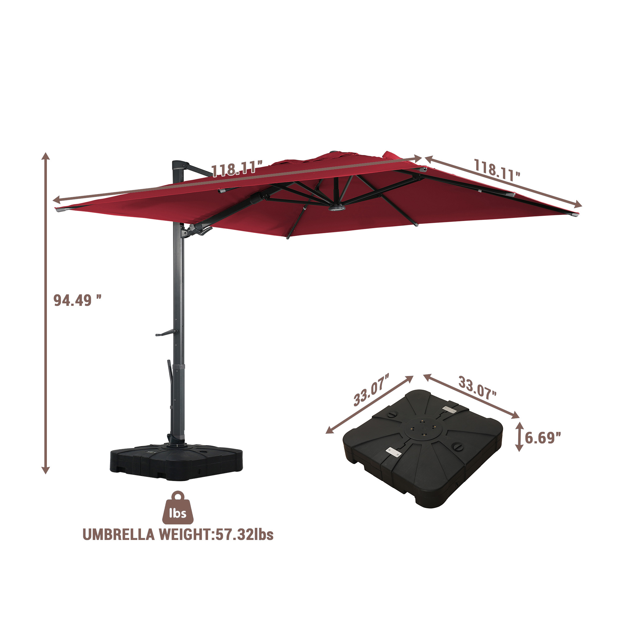 Mondawe 10ft Solar-Powered Cantilever Umbrella 90° Adjustable Tilt Patio Umbrella