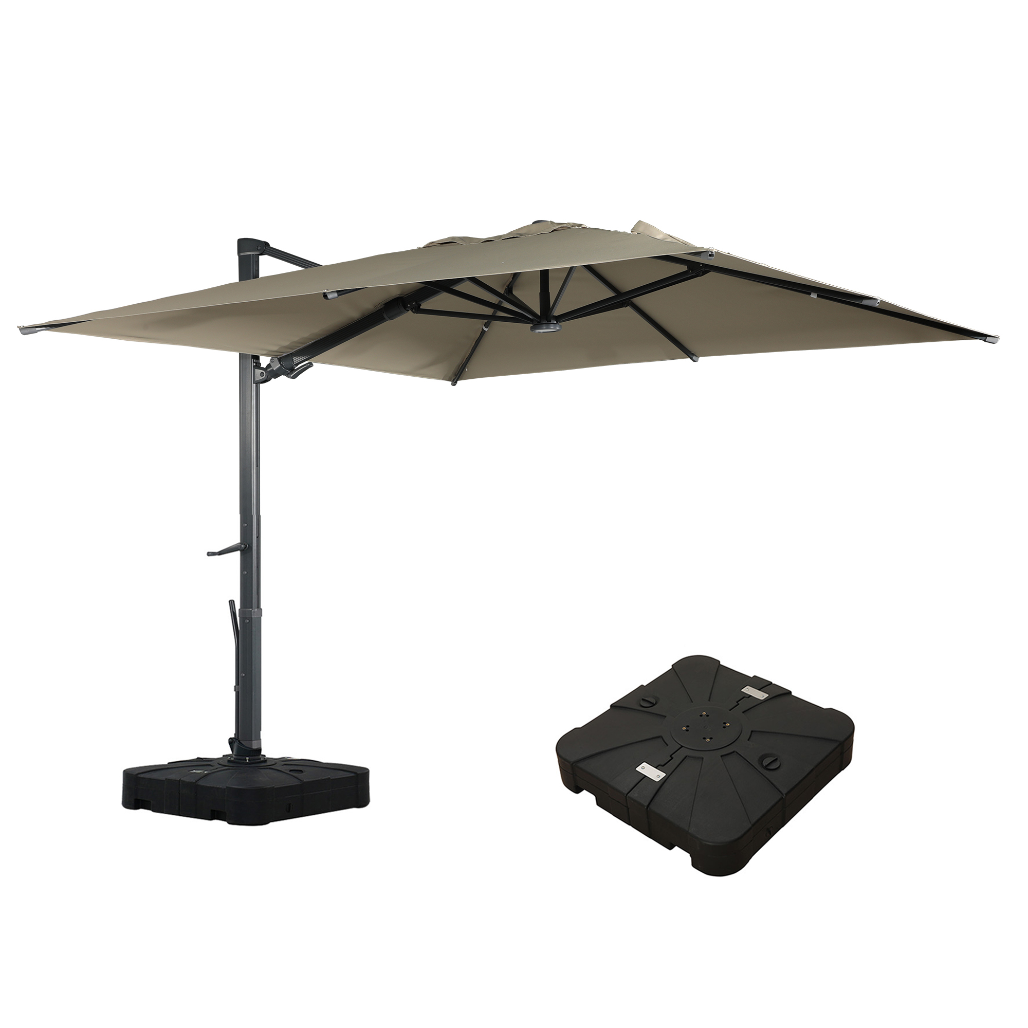 Square Aluminum Cantilever Patio Umbrella with 90° Tilt, LED & Bluetooth Mood Light, and Base Included