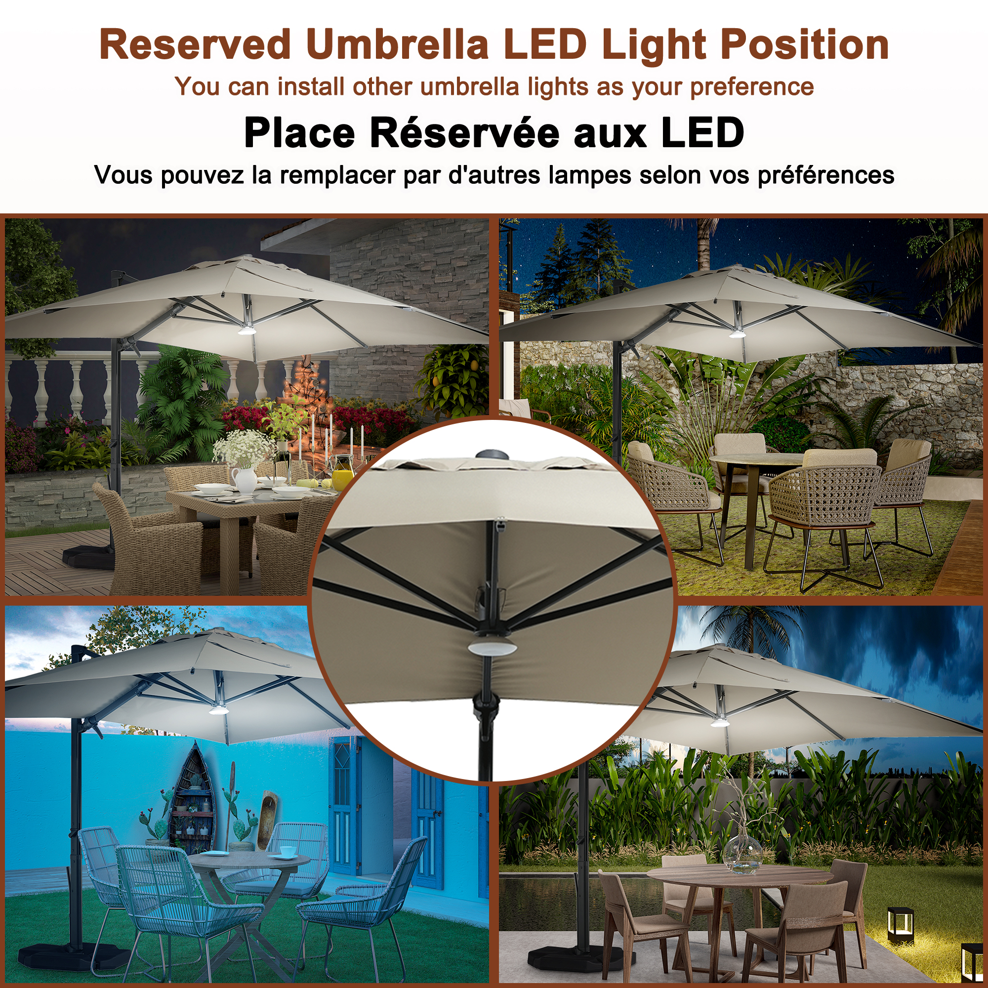 Square Aluminum Cantilever Patio Umbrella with 90° Tilt, LED & Bluetooth Mood Light, and Base Included