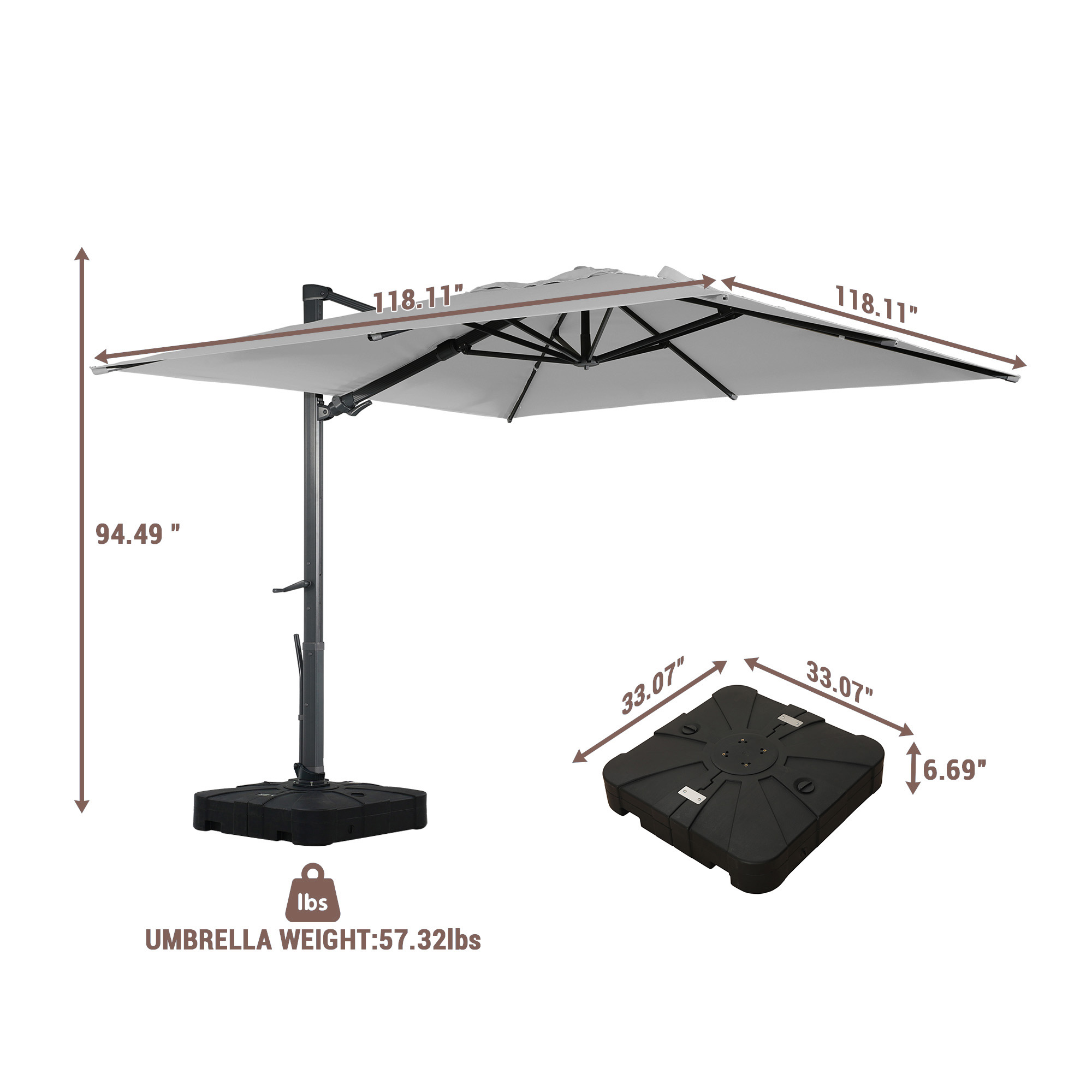 13ft Square Aluminum Tilt Umbrella for Outdoor Patio Umbrella