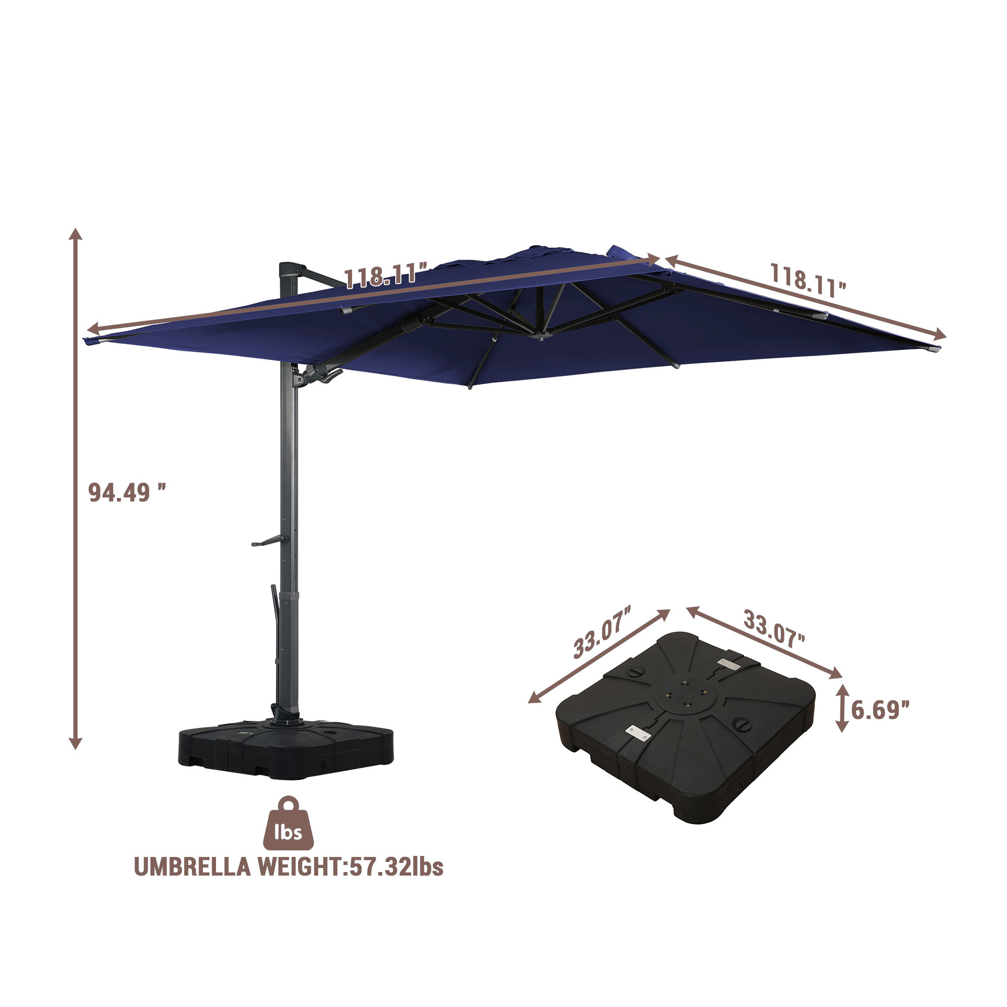 13ft Square Aluminum Tilt Umbrella for Outdoor Patio Umbrella