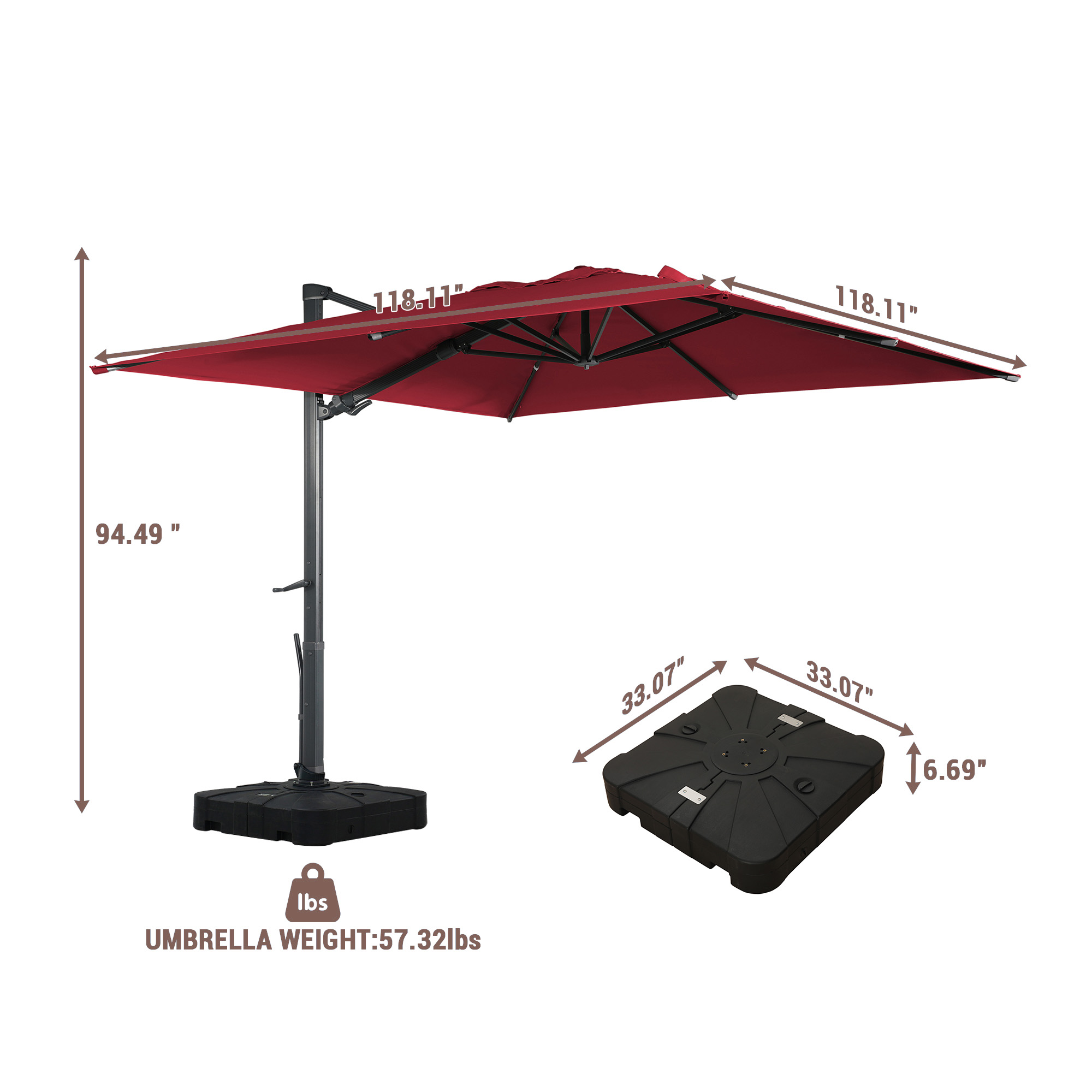 13ft Square Aluminum Tilt Umbrella for Outdoor Patio Umbrella