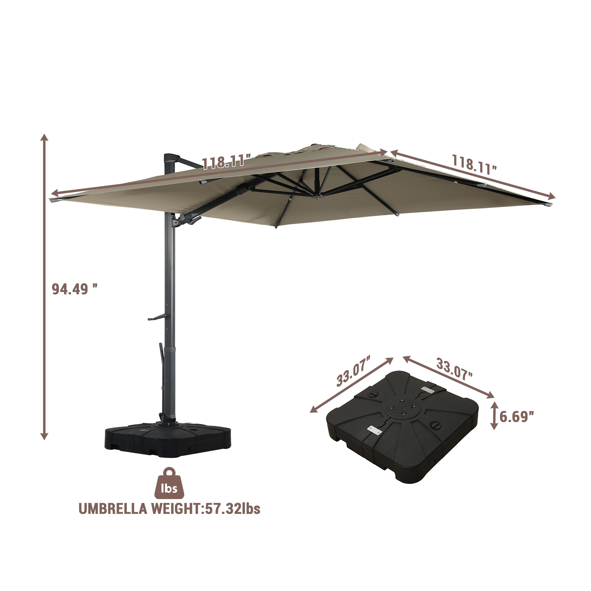 13ft Square Bluetooth Ambient Light 360-Degree Tilt Outdoor Patio Umbrella