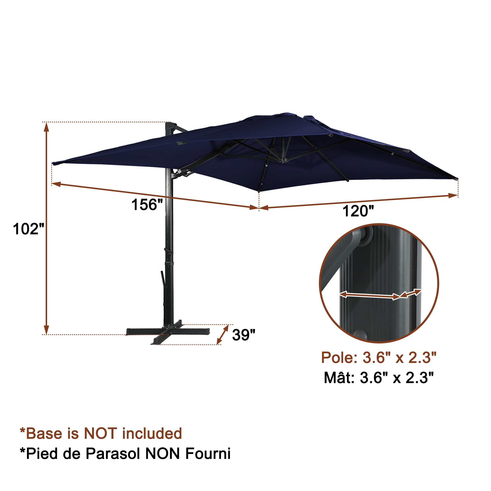 Square Aluminum Cantilever Patio Umbrella with 90° Tilt, LED & Bluetooth Mood Light, and Base Included