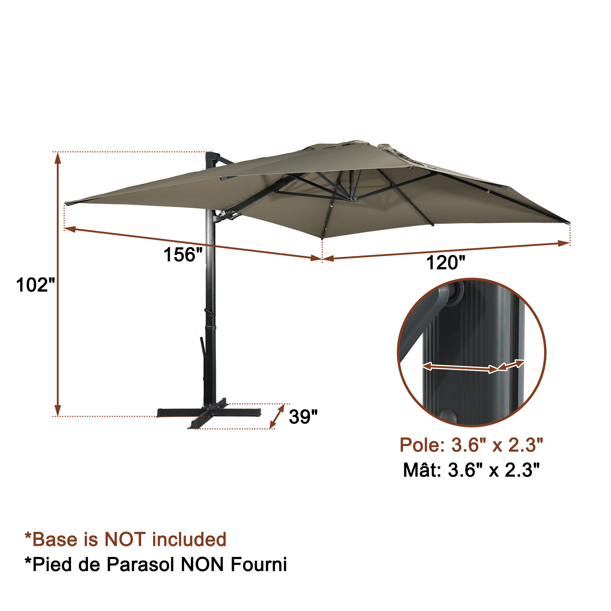 Square Aluminum Cantilever Patio Umbrella with 90° Tilt, LED & Bluetooth Mood Light, and Base Included