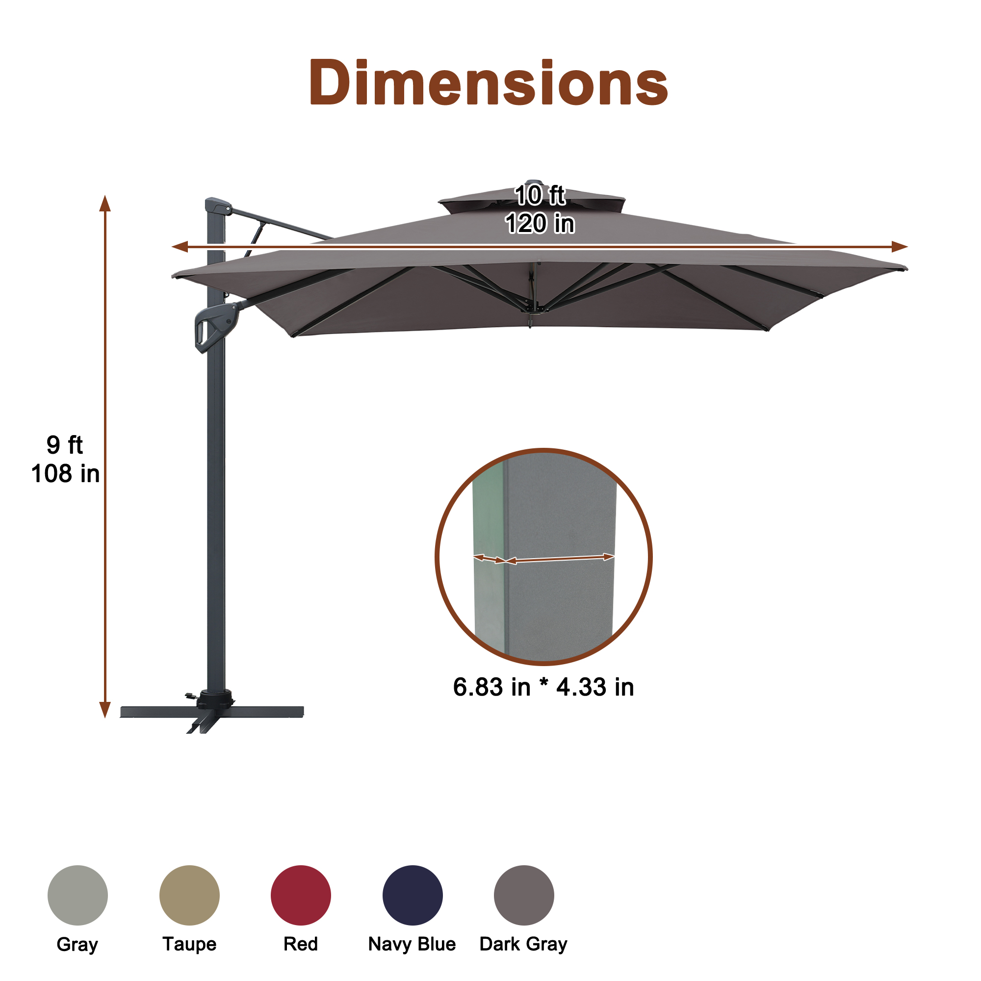 10 ft. Square Cantilever Umbrella Outdoor Patio Umbrella With Lights Aluminum Outdoor Patio Umbrella