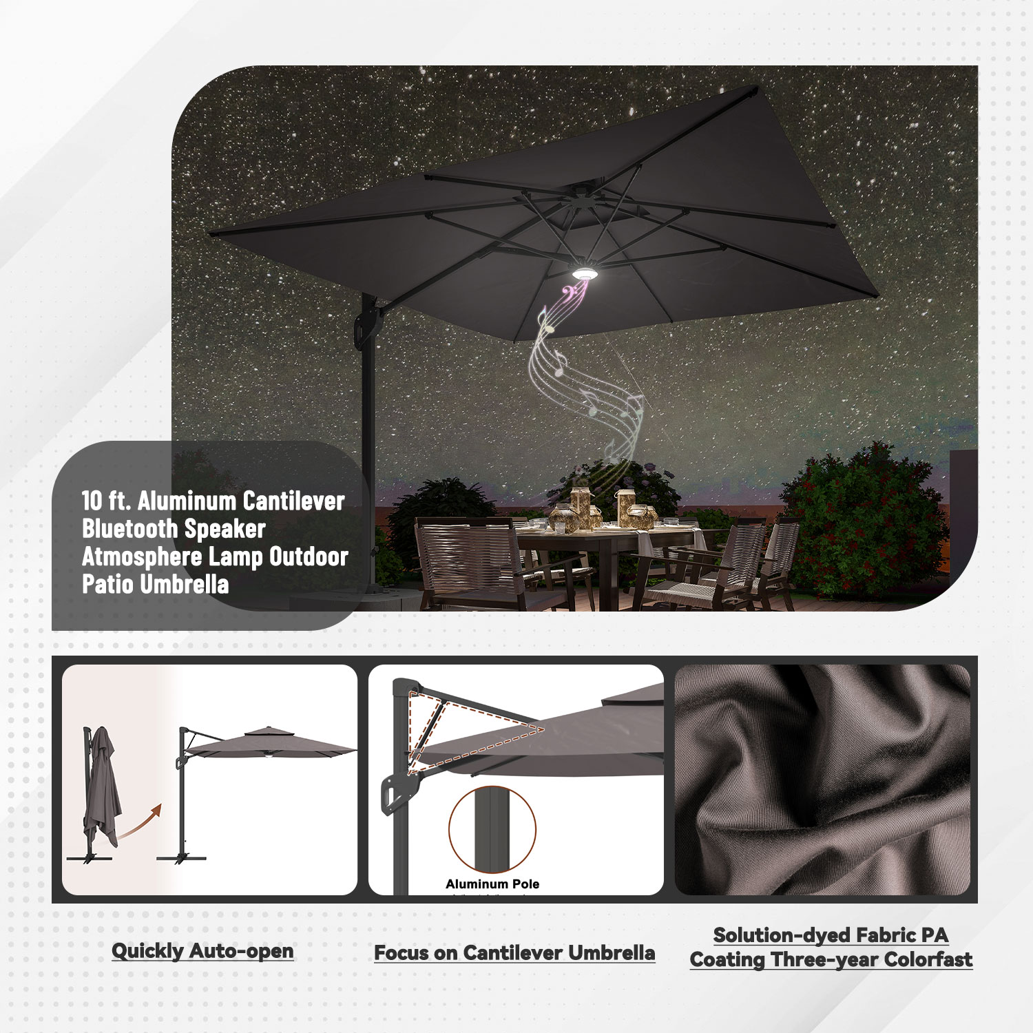 10 ft. Square Cantilever Umbrella Outdoor Patio Umbrella With Lights Aluminum Outdoor Patio Umbrella