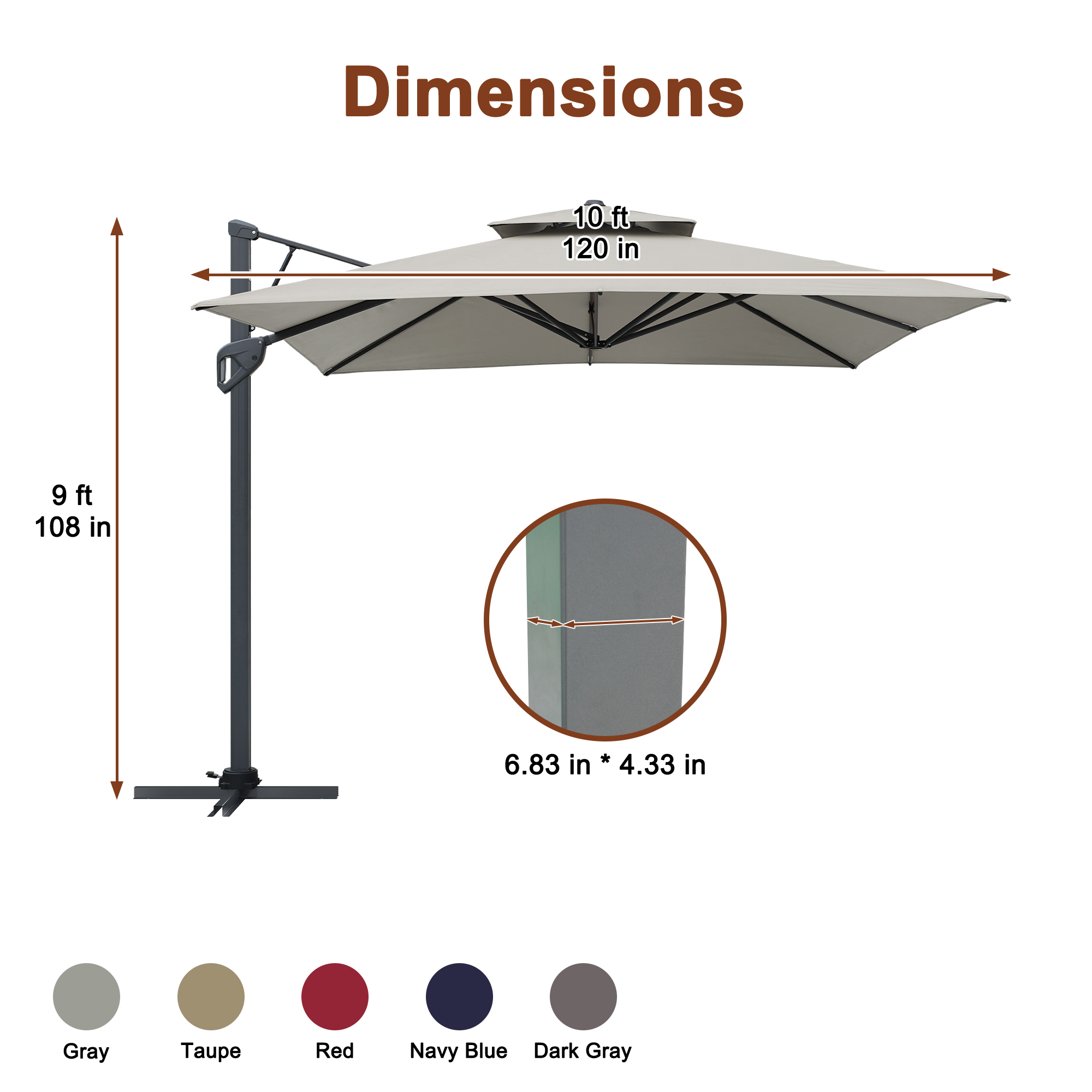 10 ft. Square Cantilever Umbrella Outdoor Patio Umbrella With Lights Aluminum Outdoor Patio Umbrella