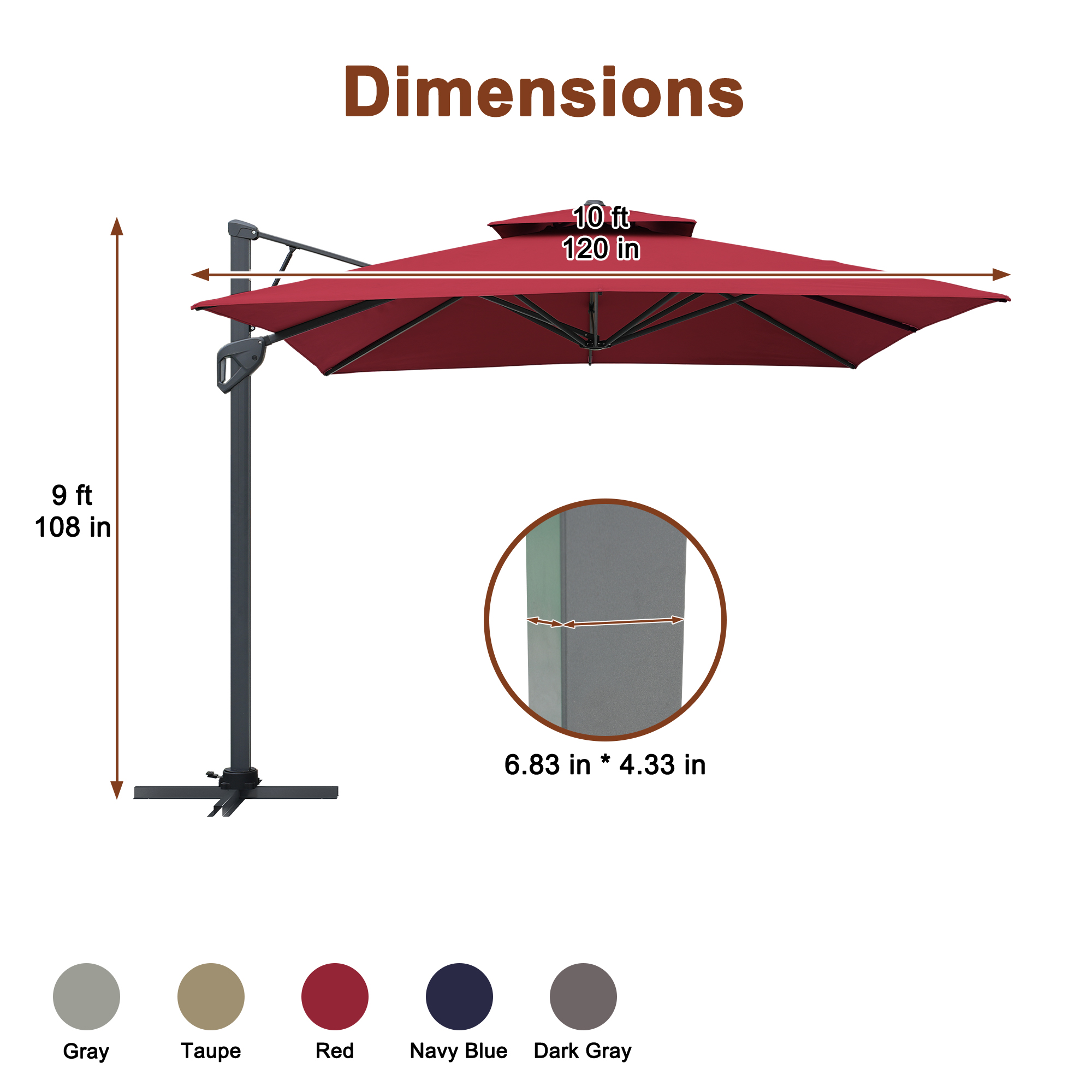 10 ft. Square Cantilever Umbrella Outdoor Patio Umbrella With Lights Aluminum Outdoor Patio Umbrella