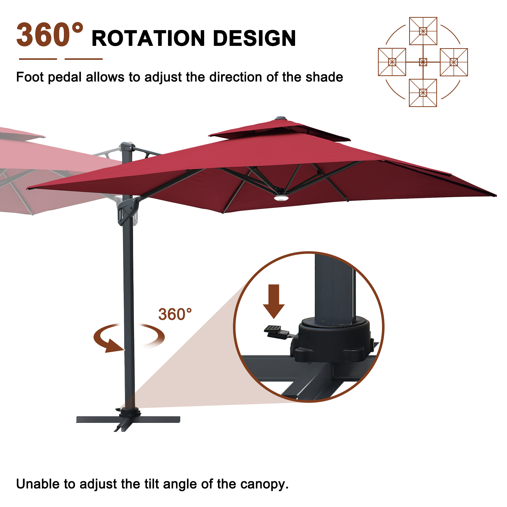 10 ft. Square Cantilever Umbrella Outdoor Patio Umbrella With Lights Aluminum Outdoor Patio Umbrella