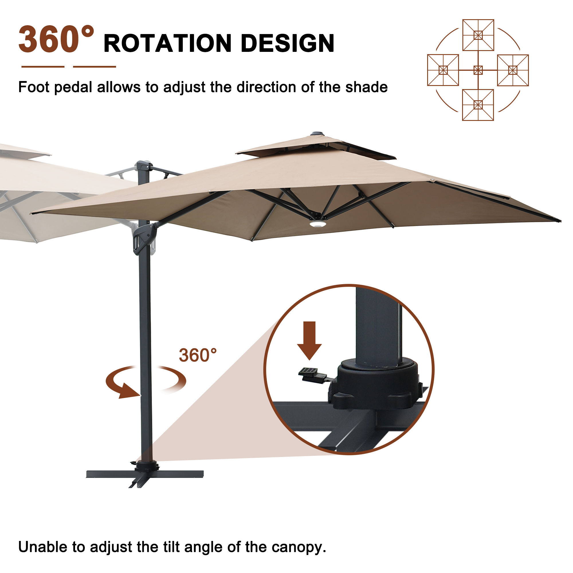 10 ft. Square Cantilever Umbrella Outdoor Patio Umbrella With Lights Aluminum Outdoor Patio Umbrella