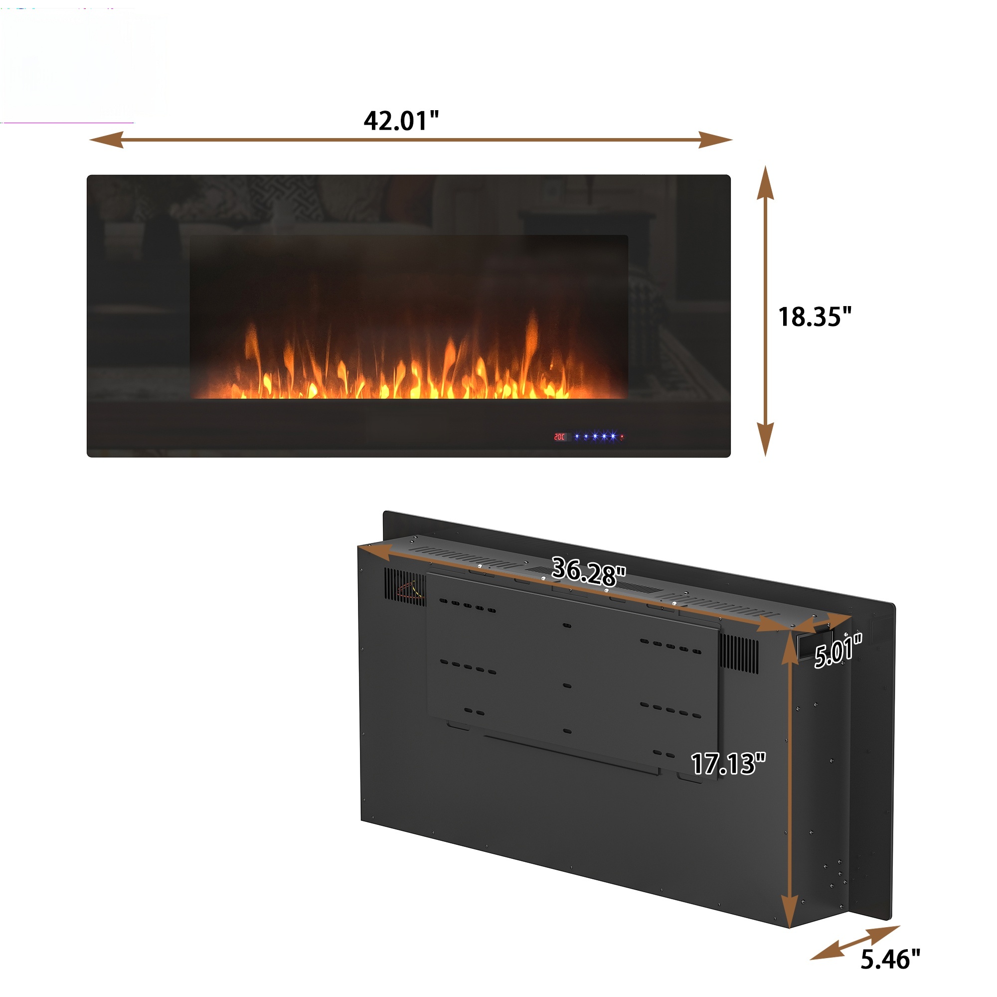 42 Inch Wall Mounted Electric Fireplace (Not Recessed) Linear Fireplace Heater
