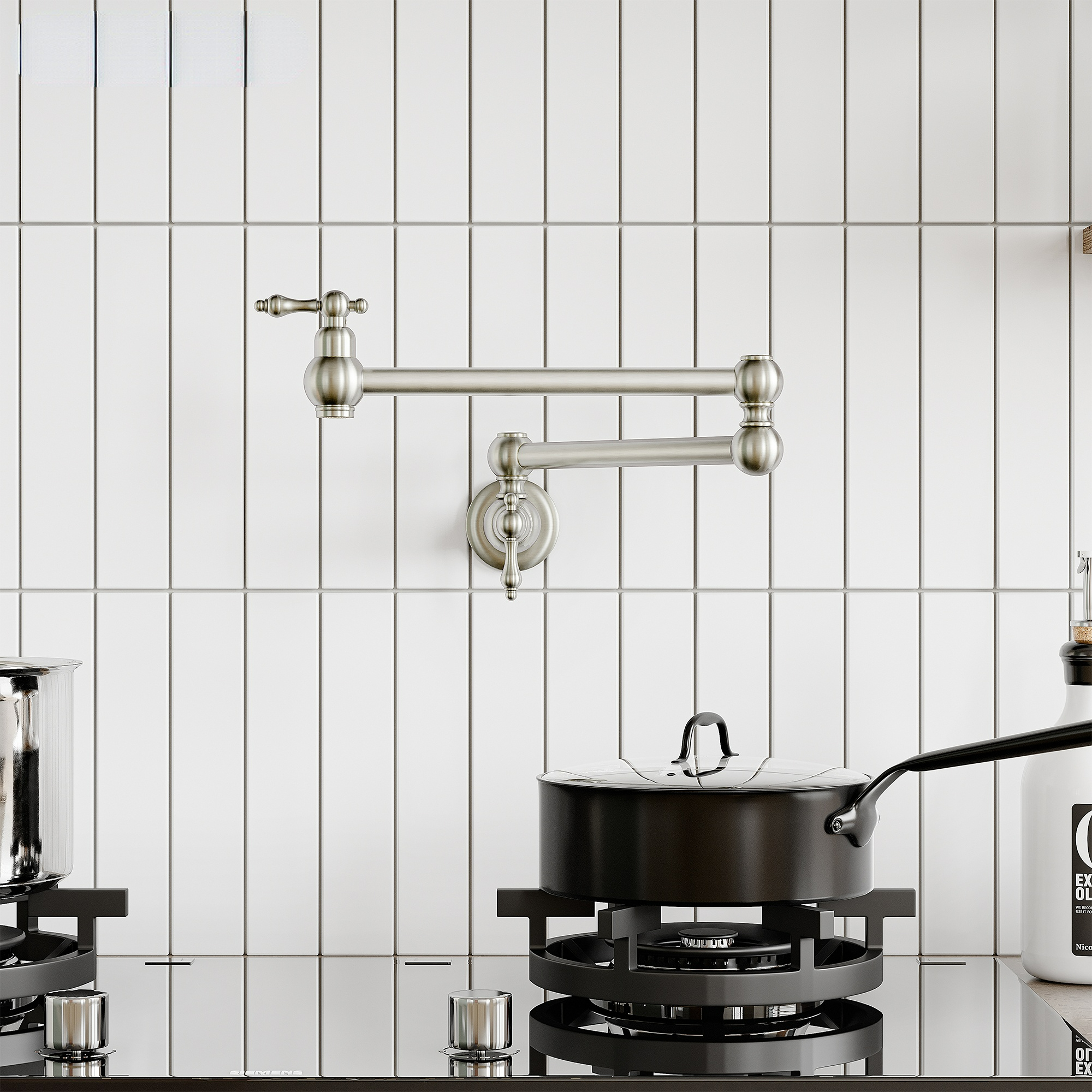  Brushed Nickel Pot Filler Faucet, Wall Mount Stove Faucet, Double Handle Brass Folding Pasta Faucet Over Stove, Kitchen Pot Faucet with Double Joint Swing Arms, 1.8 GPM, 360°Rotation Visit the MONDAWE Store
