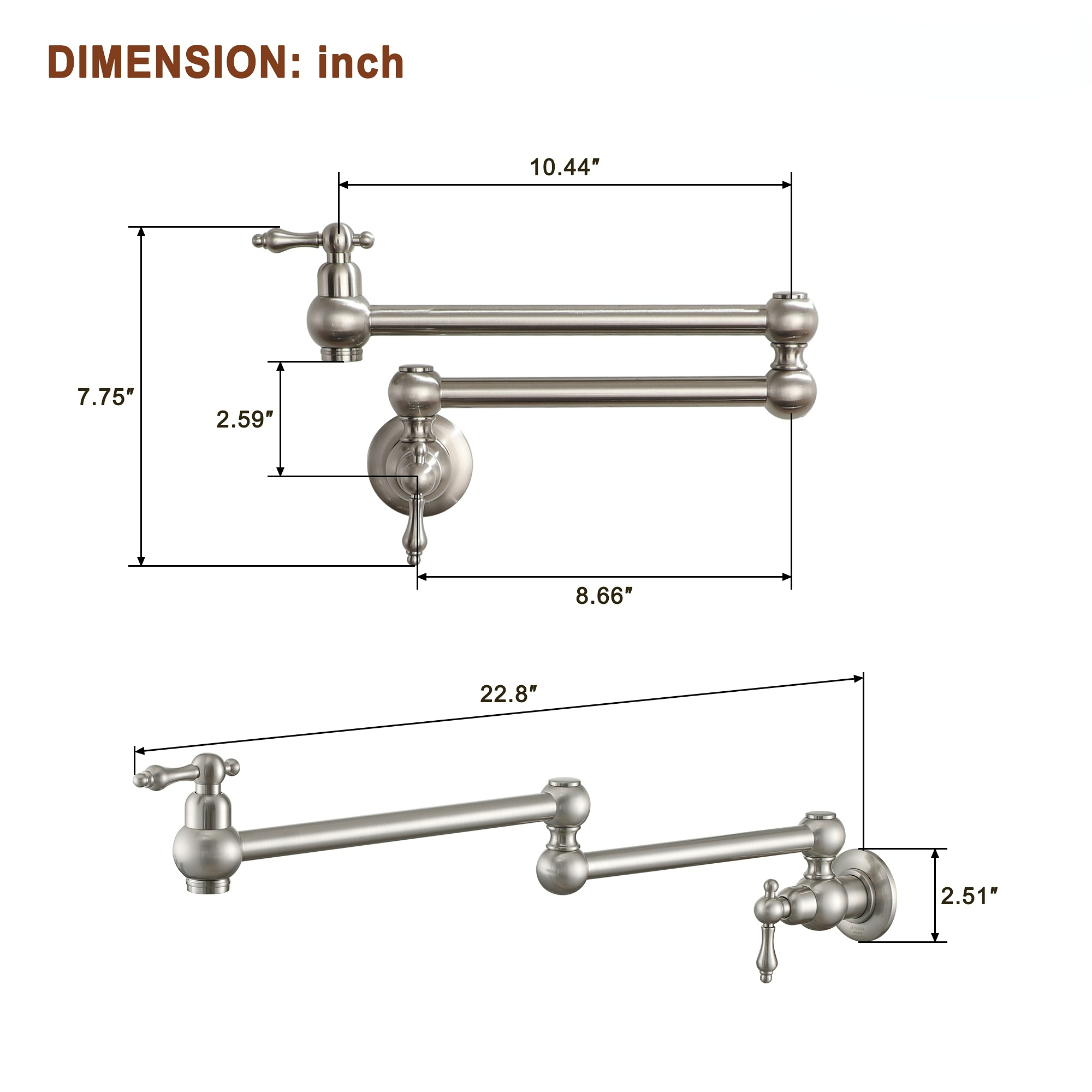  Brushed Nickel Pot Filler Faucet, Wall Mount Stove Faucet, Double Handle Brass Folding Pasta Faucet Over Stove, Kitchen Pot Faucet with Double Joint Swing Arms, 1.8 GPM, 360°Rotation Visit the MONDAWE Store