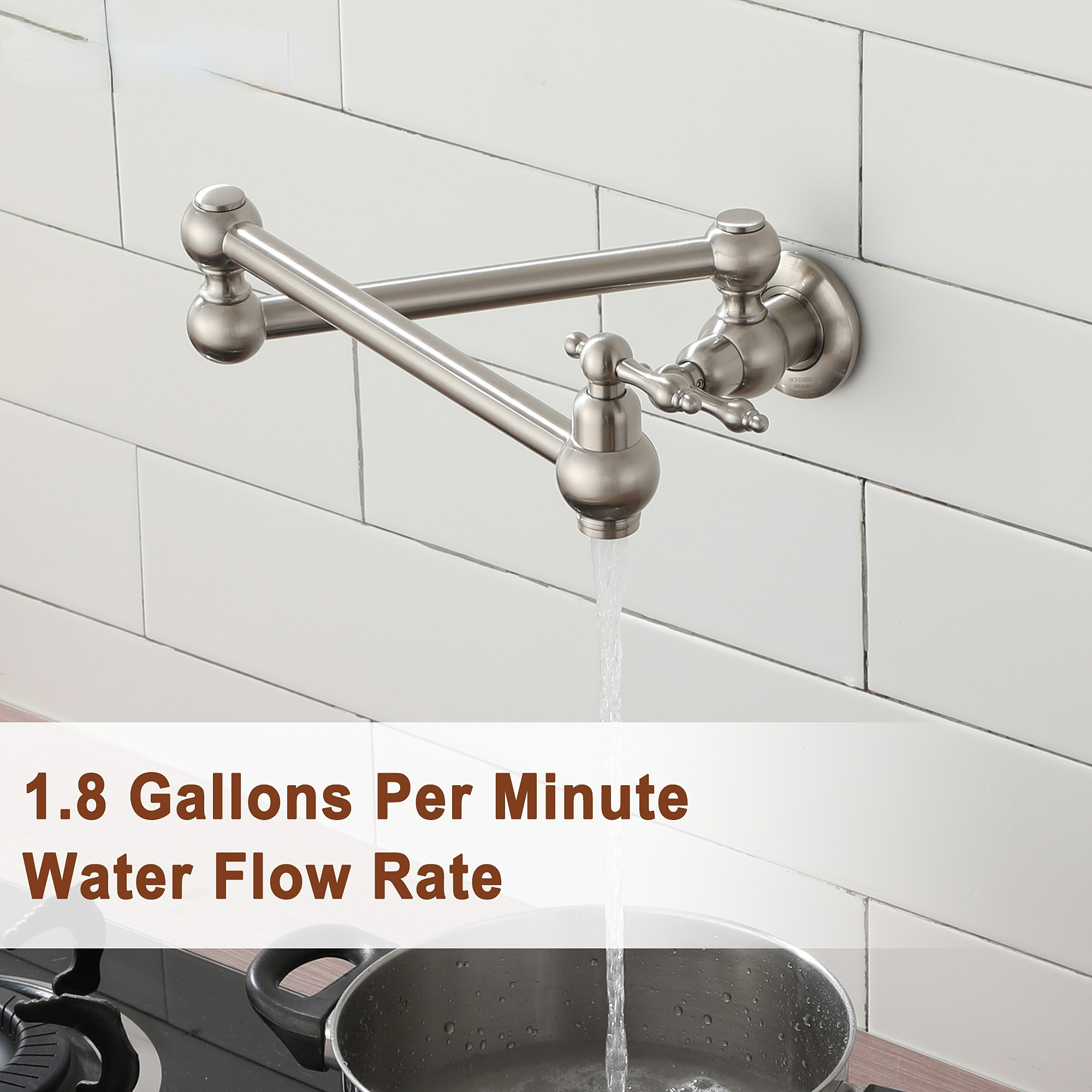  Brushed Nickel Pot Filler Faucet, Wall Mount Stove Faucet, Double Handle Brass Folding Pasta Faucet Over Stove, Kitchen Pot Faucet with Double Joint Swing Arms, 1.8 GPM, 360°Rotation Visit the MONDAWE Store