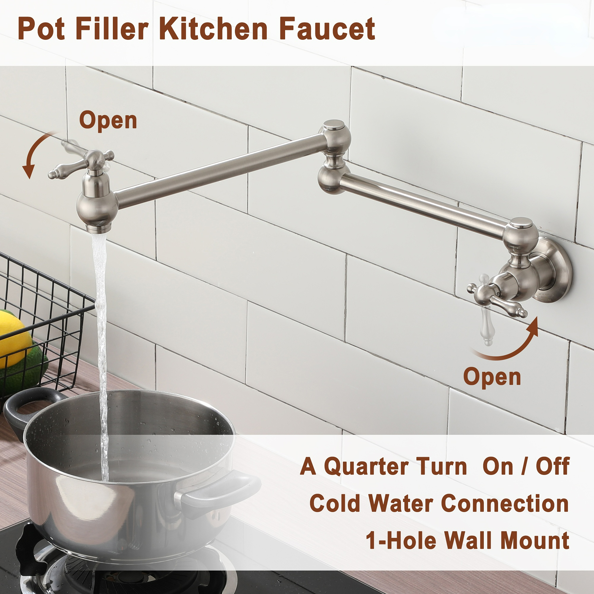  Brushed Nickel Pot Filler Faucet, Wall Mount Stove Faucet, Double Handle Brass Folding Pasta Faucet Over Stove, Kitchen Pot Faucet with Double Joint Swing Arms, 1.8 GPM, 360°Rotation Visit the MONDAWE Store