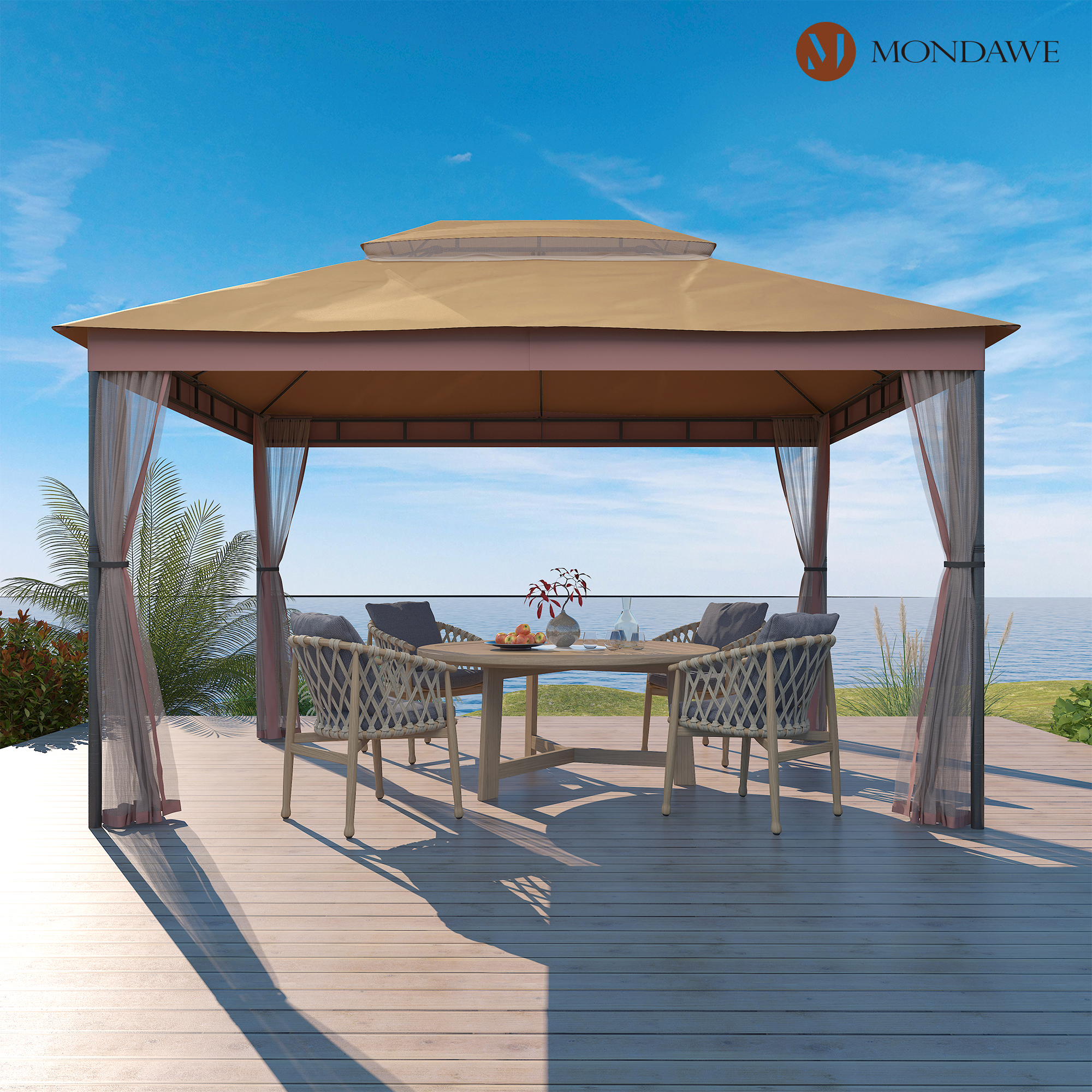 10 ft. x 13 ft. Outdoor Iron Frame Patio Gazebo Double Straight Top Pavilion Canopy Tent Shelter with Netting or Curtains-Mondawe