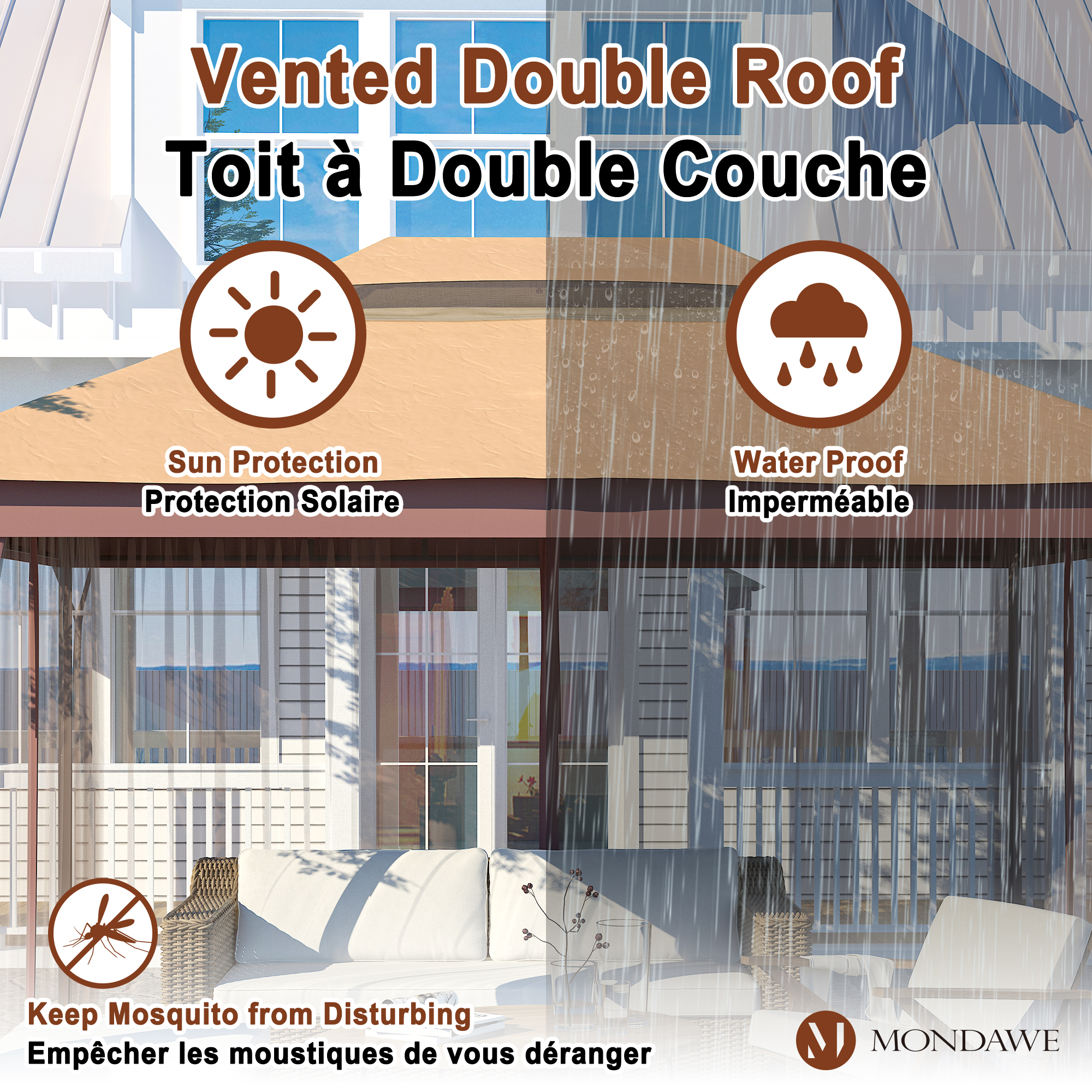 10 ft. x 13 ft. Outdoor Iron Frame Patio Gazebo Double Straight Top Pavilion Canopy Tent Shelter with Netting or Curtains-Mondawe