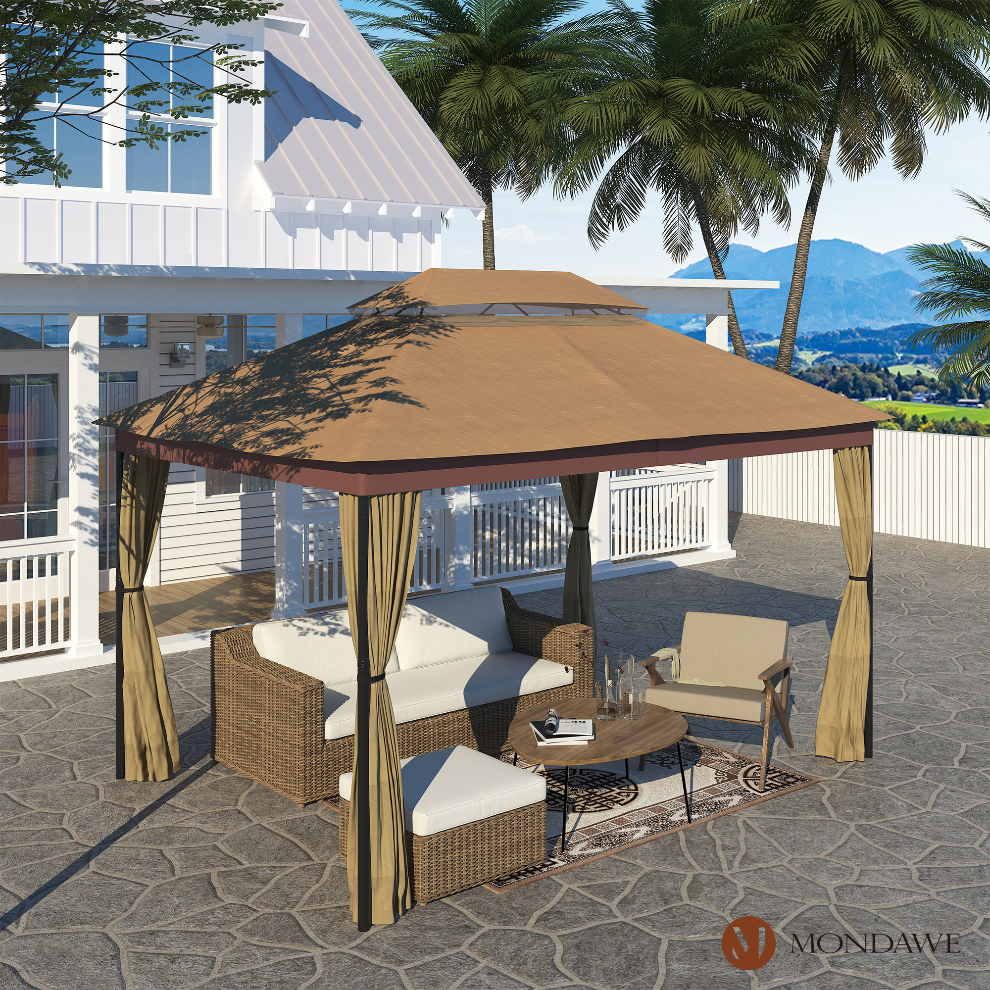 10 ft. x 13 ft. Outdoor Iron Frame Patio Gazebo Double Straight Top Pavilion Canopy Tent Shelter with Netting or Curtains-Mondawe