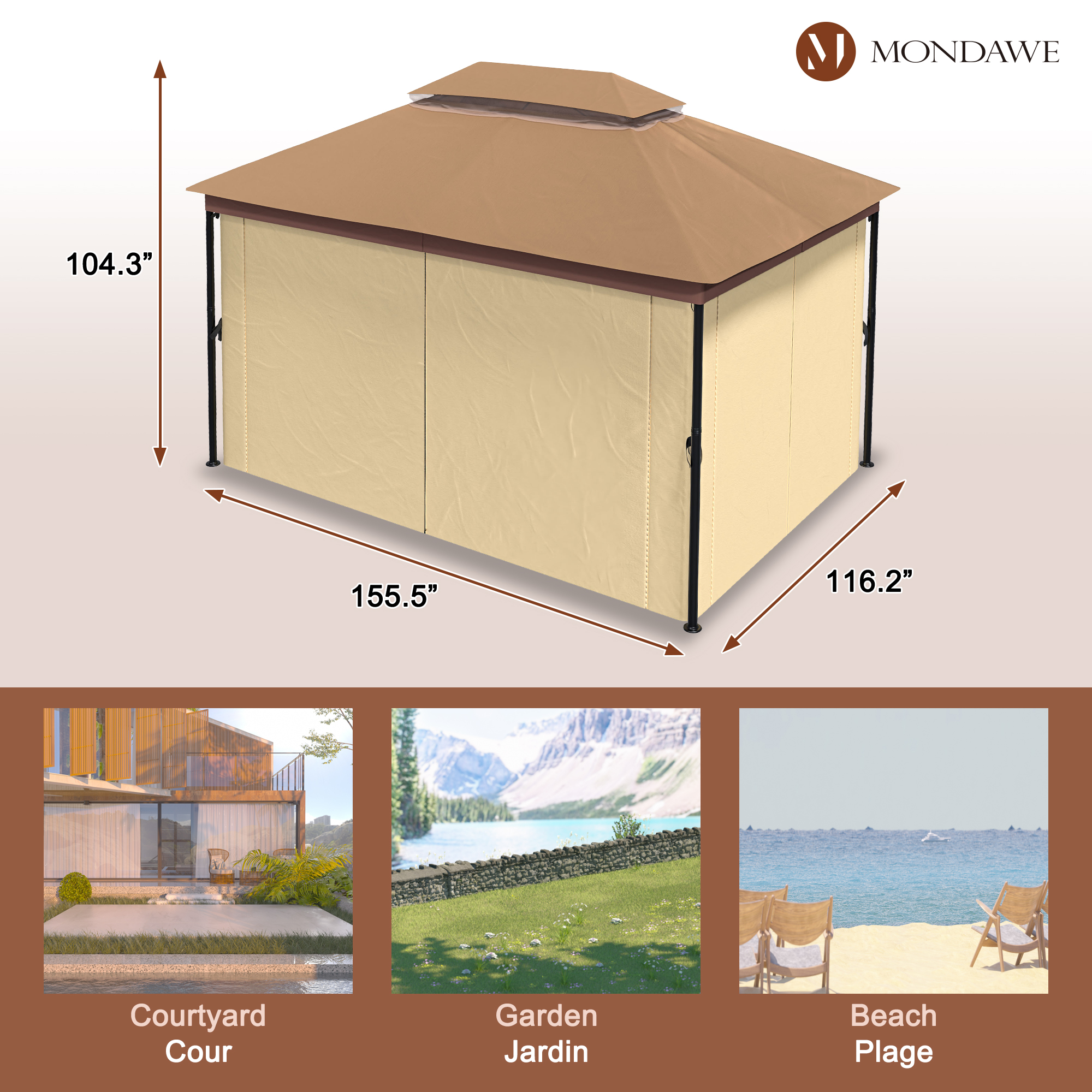 10 ft. x 13 ft. Outdoor Iron Frame Patio Gazebo Double Straight Top Pavilion Canopy Tent Shelter with Netting or Curtains-Mondawe