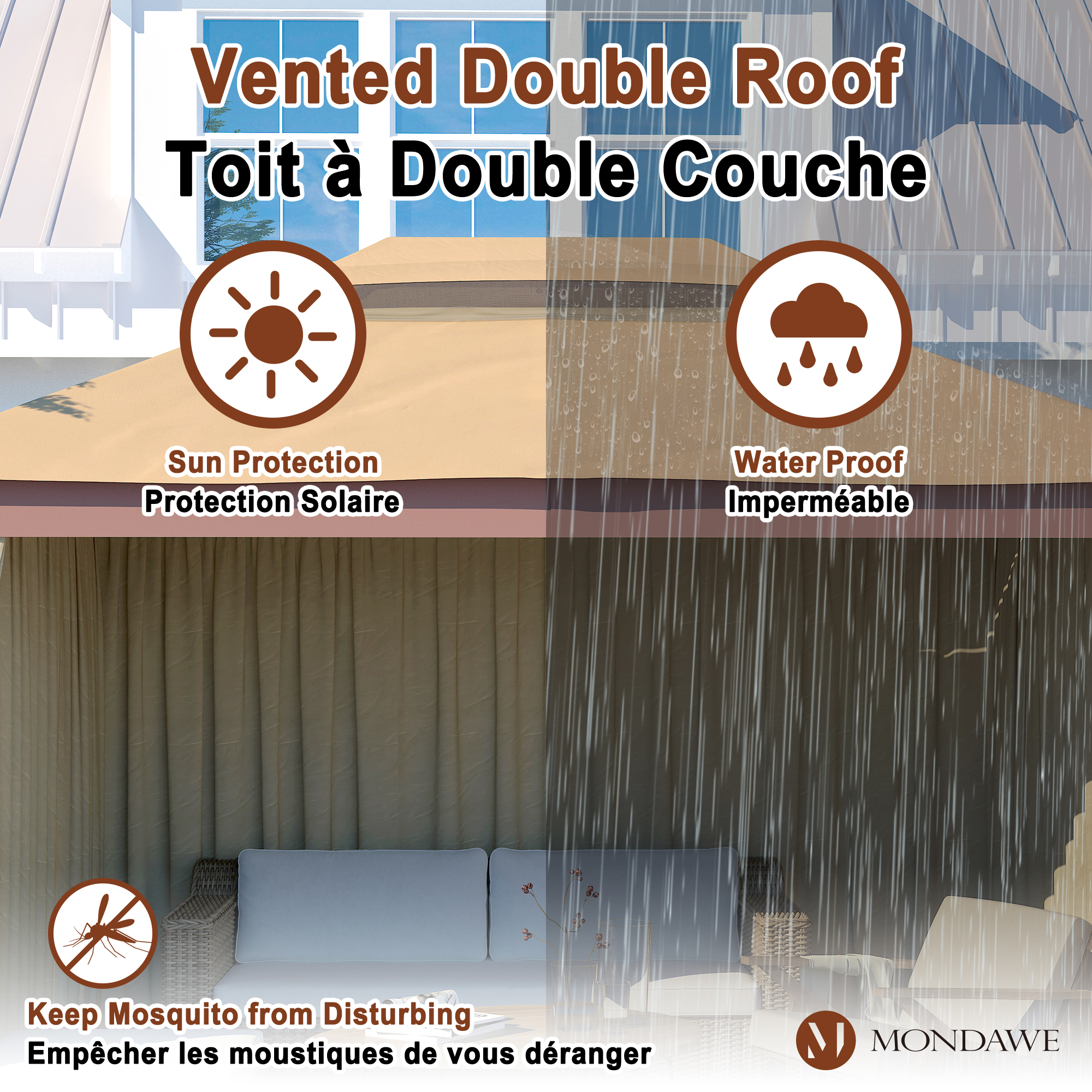 10 ft. x 13 ft. Outdoor Iron Frame Patio Gazebo Double Straight Top Pavilion Canopy Tent Shelter with Netting or Curtains-Mondawe