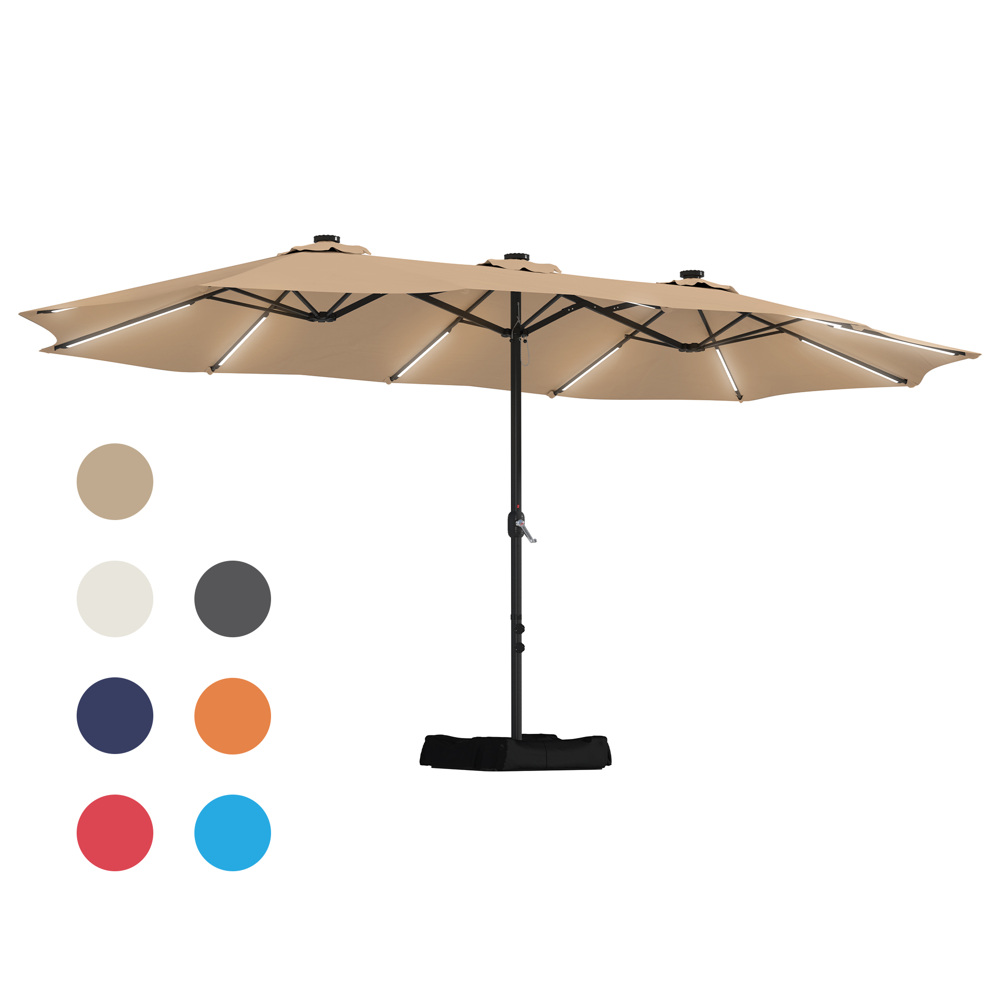 15ft Double-Sided Outdoor Umbrella with Solar String Lights & Base