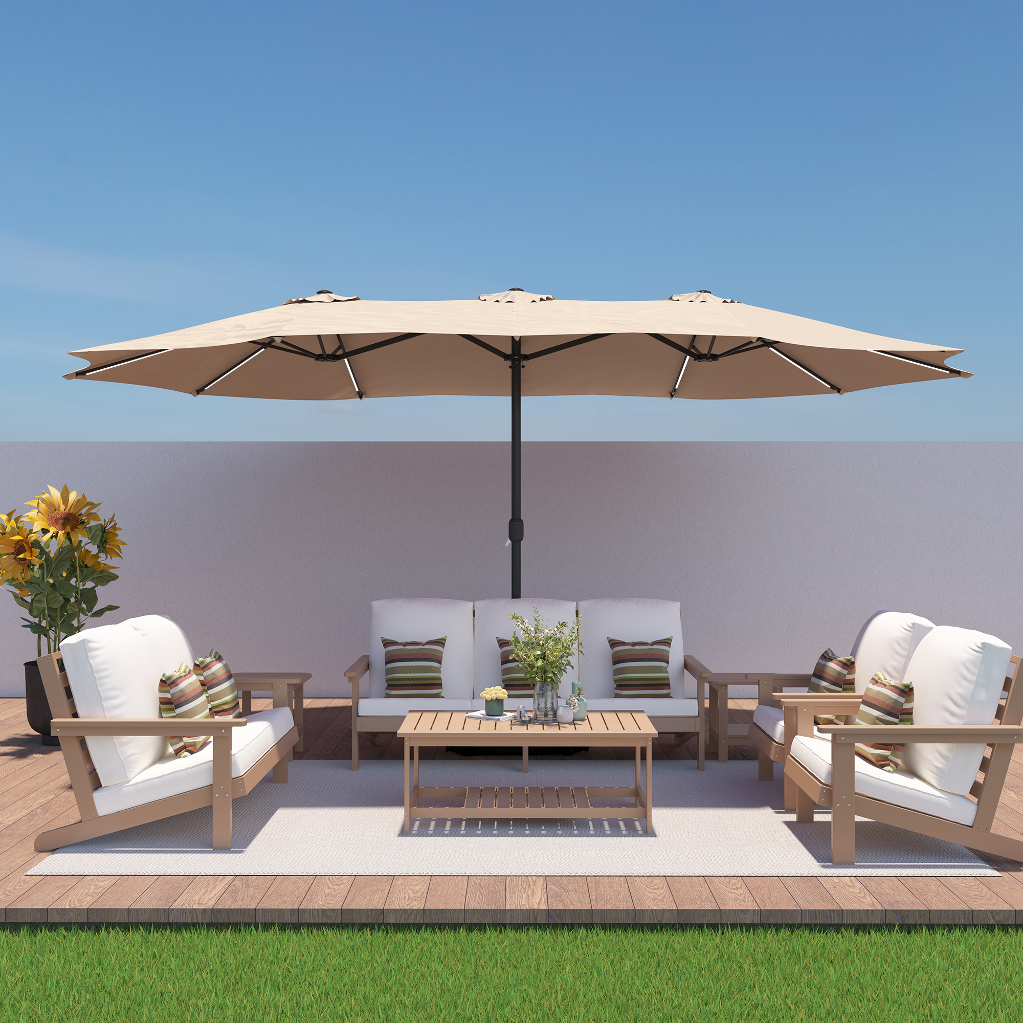 15ft Double-Sided Outdoor Umbrella with Solar String Lights & Base