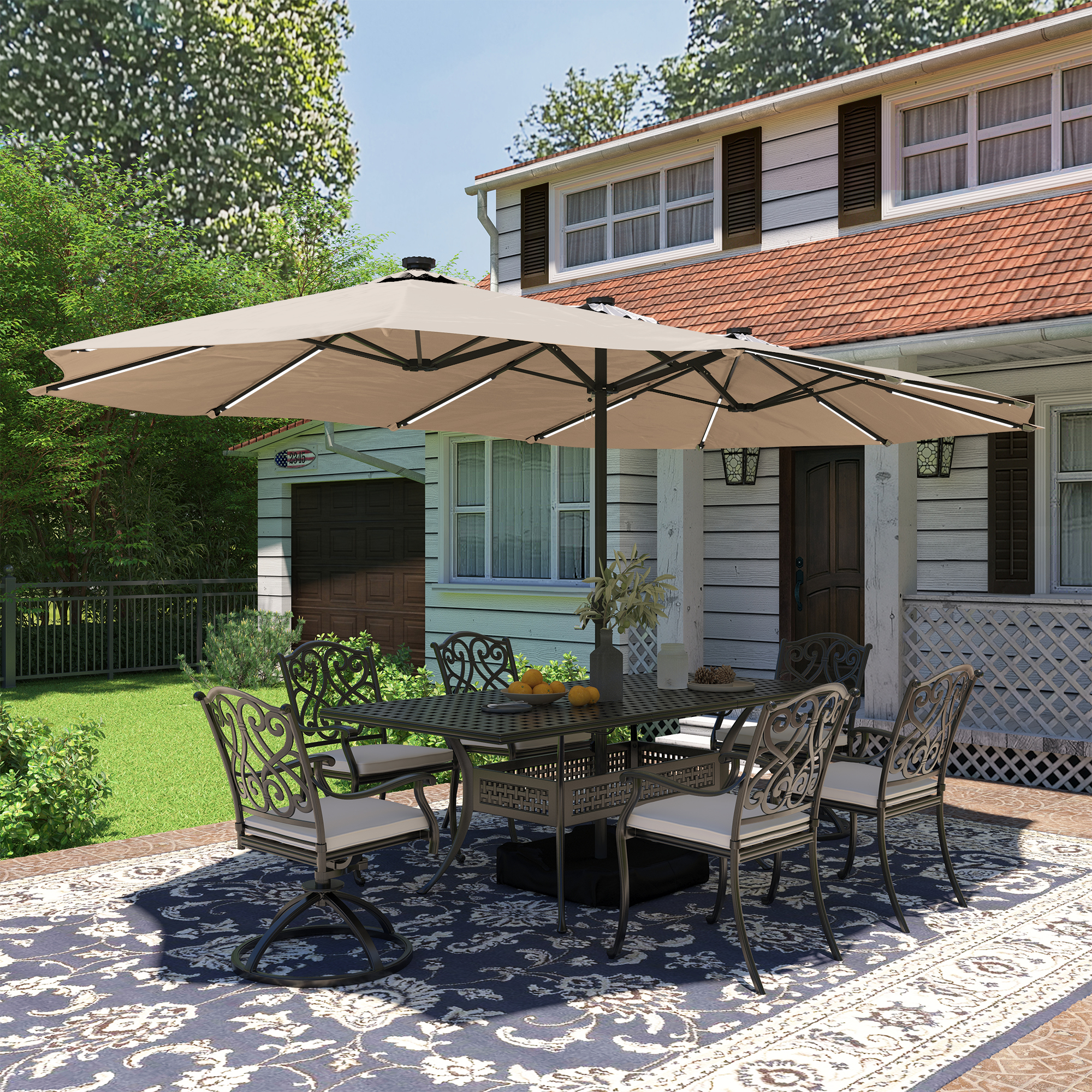 15ft Double-Sided Outdoor Umbrella with Solar String Lights & Base