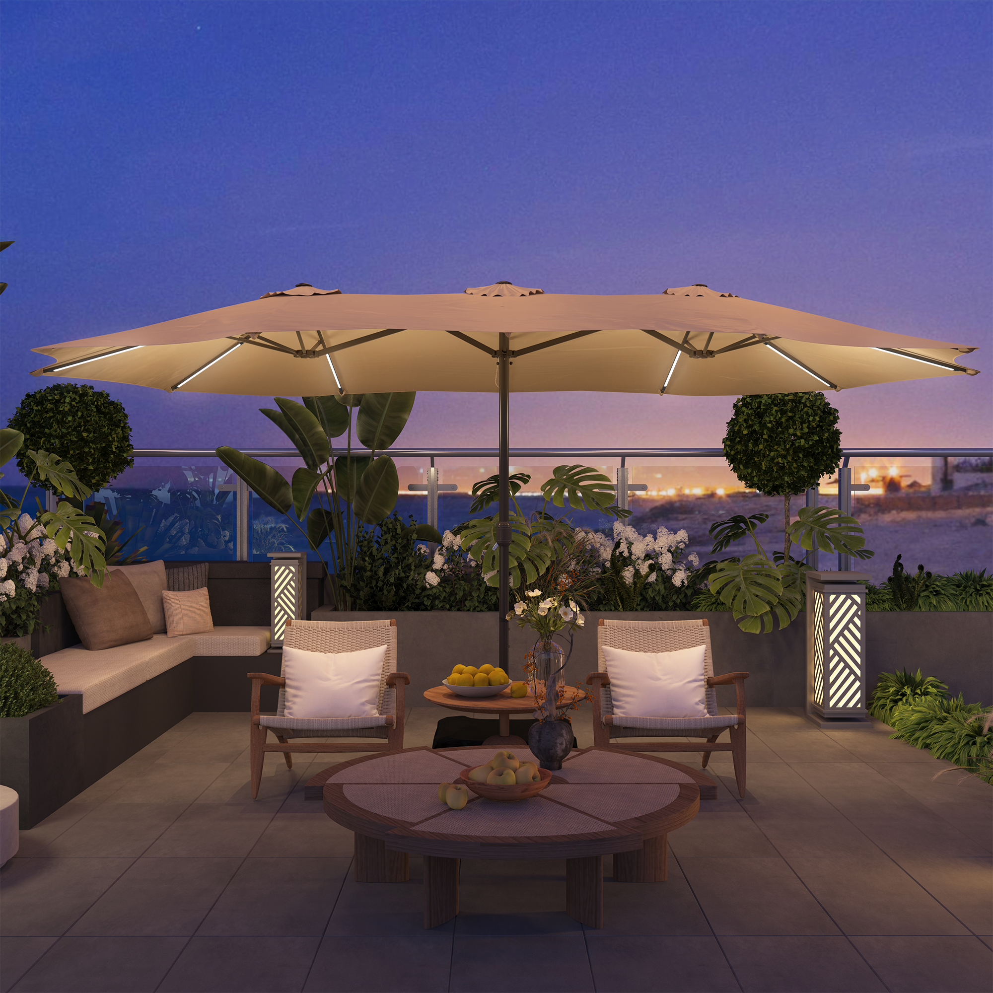 15ft Double-Sided Outdoor Umbrella with Solar String Lights & Base