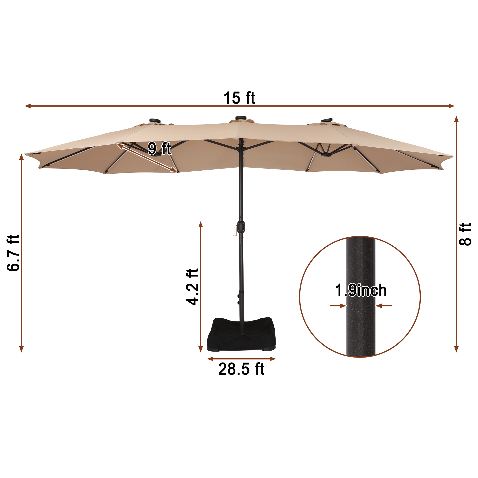 15ft Double-Sided Outdoor Umbrella with Solar String Lights & Base