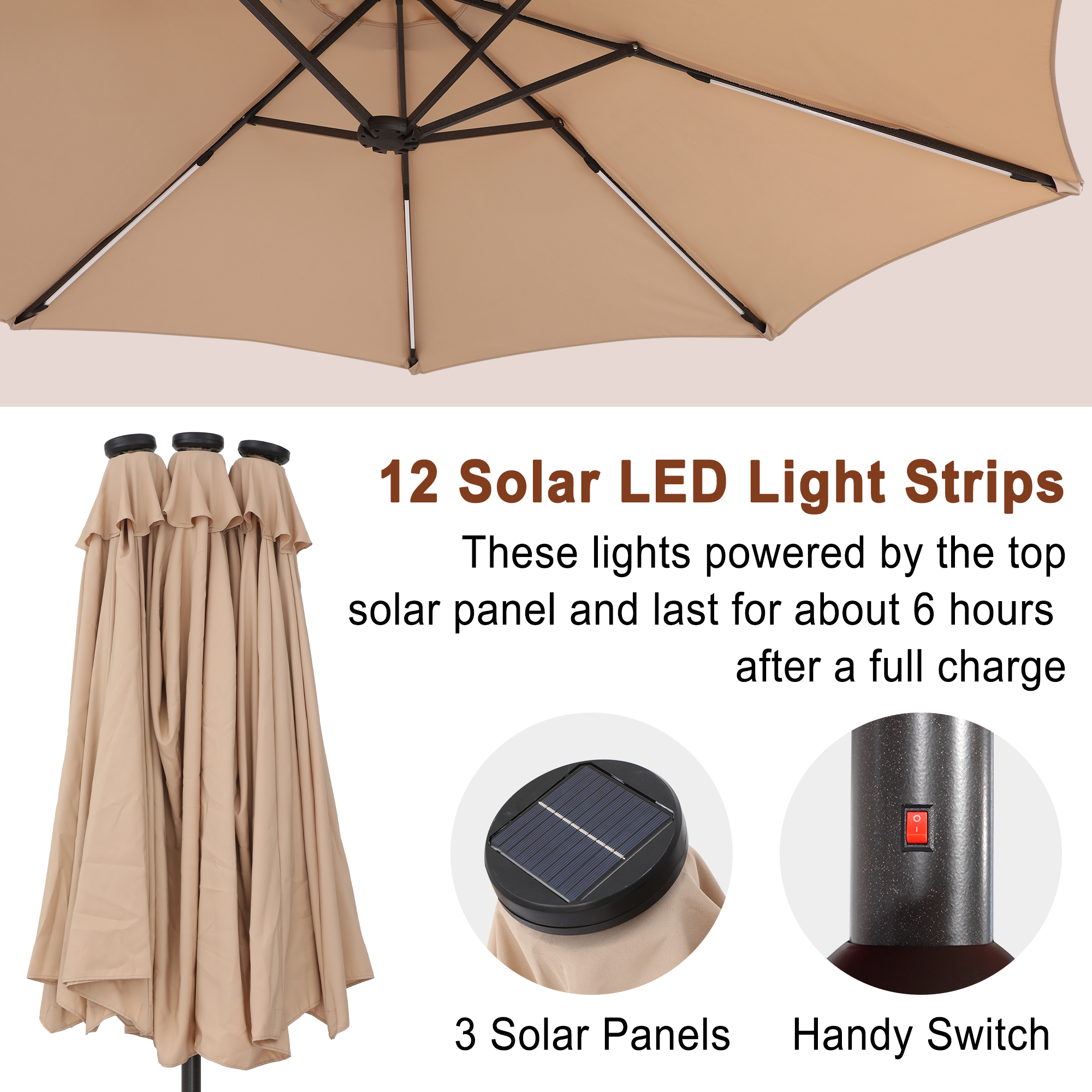 15ft Double-Sided Outdoor Umbrella with Solar String Lights & Base