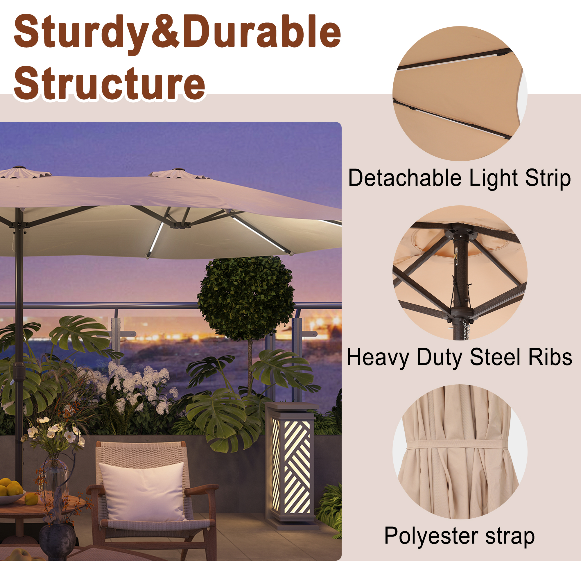 15ft Double-Sided Outdoor Umbrella with Solar String Lights & Base