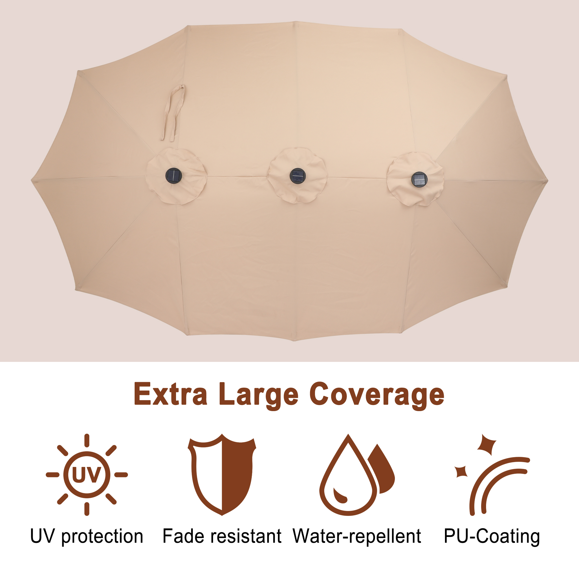 15ft Double-Sided Outdoor Umbrella with Solar String Lights & Base