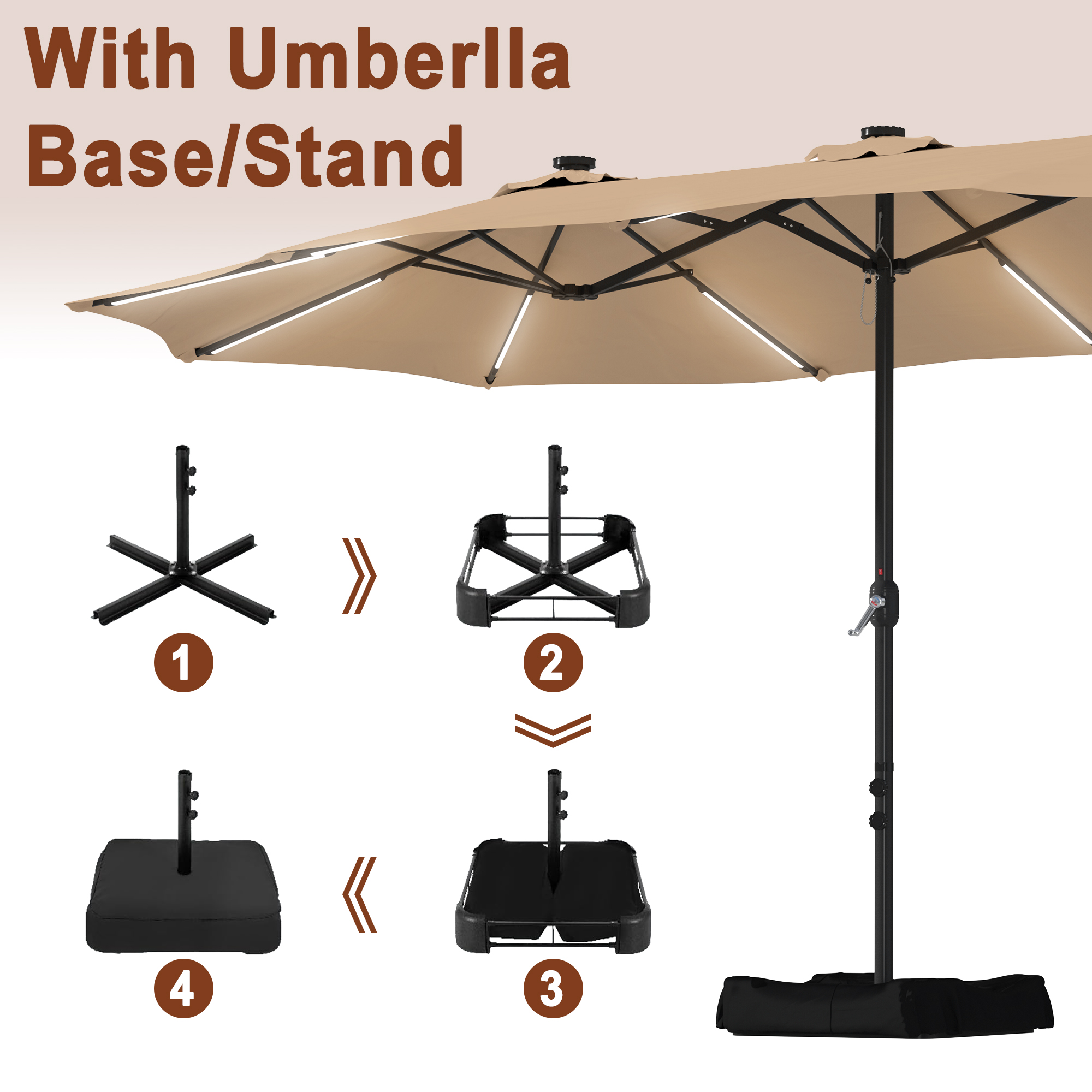 15ft Double-Sided Outdoor Umbrella with Solar String Lights & Base