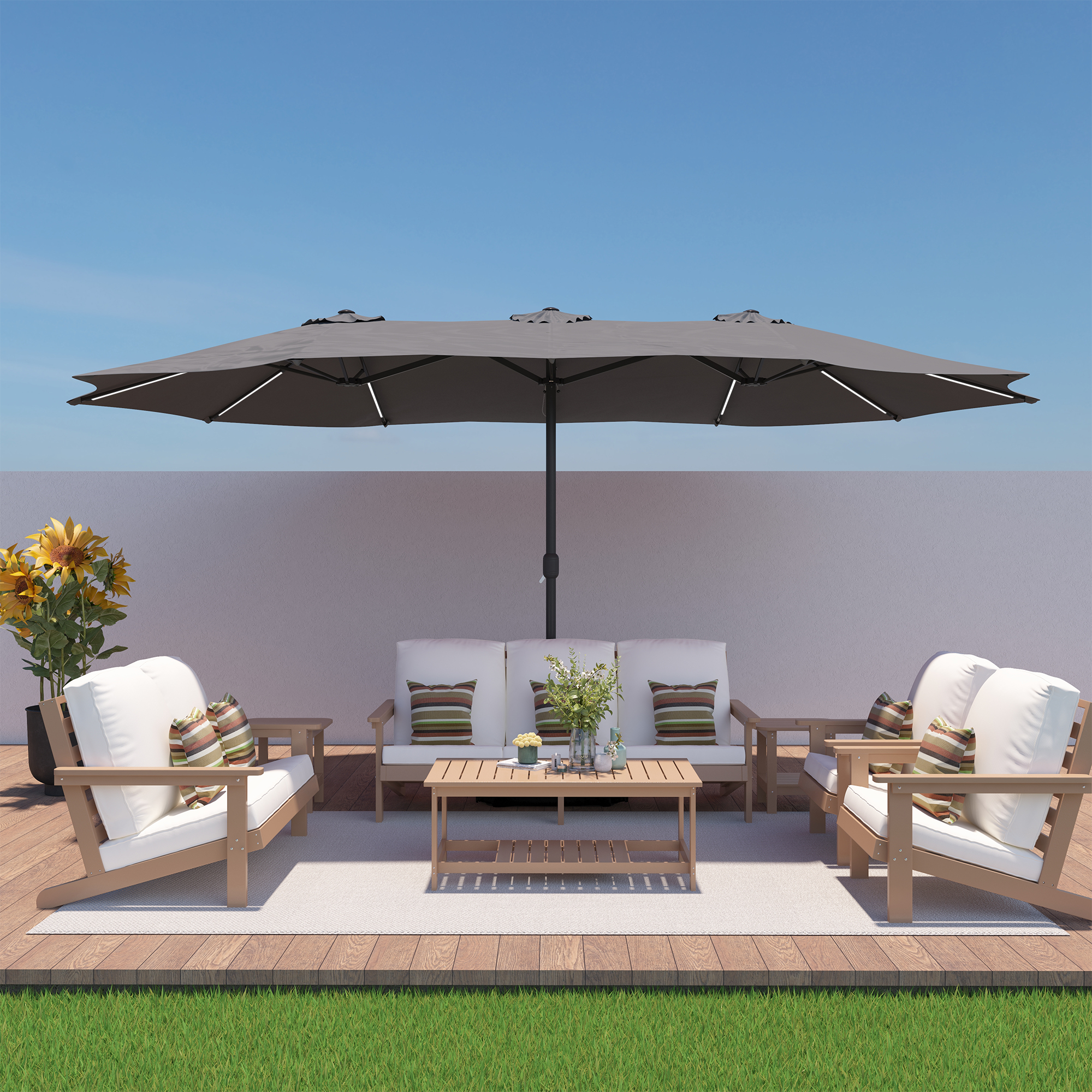 15ft Double-Sided Outdoor Umbrella with Solar String Lights & Base