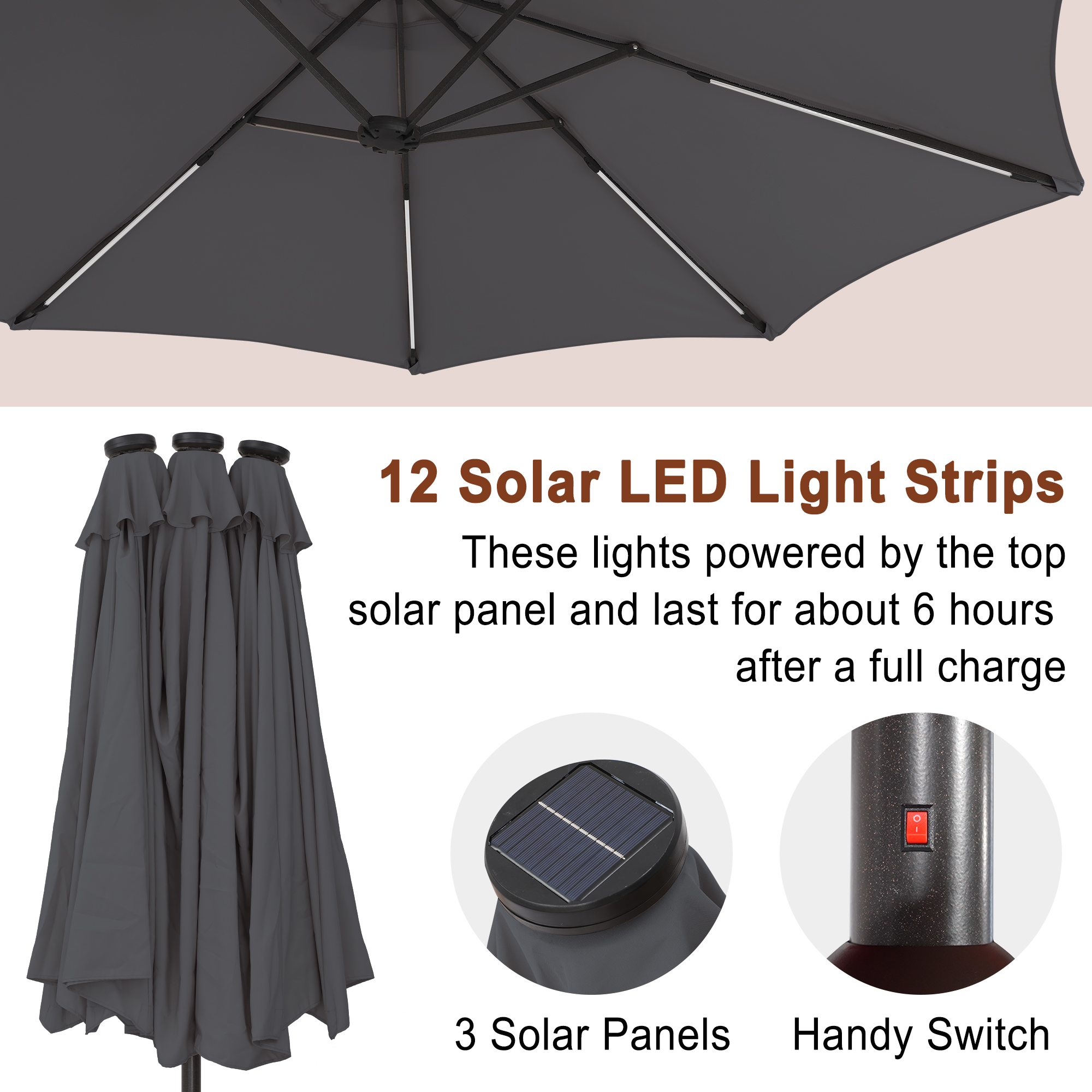 15ft Double-Sided Outdoor Umbrella with Solar String Lights & Base