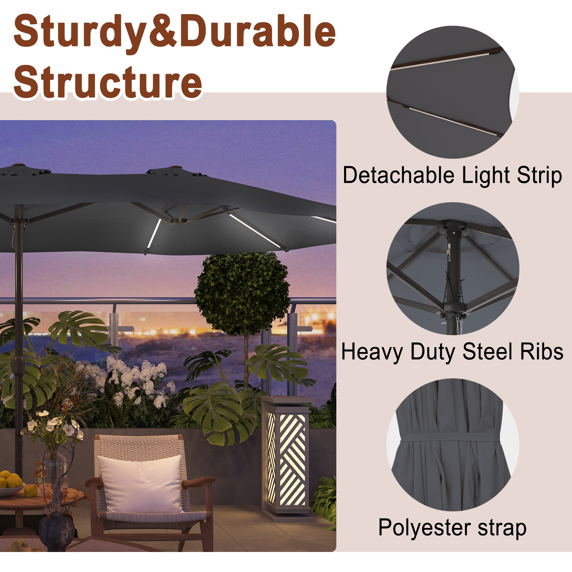 15ft Double-Sided Outdoor Umbrella with Solar String Lights & Base