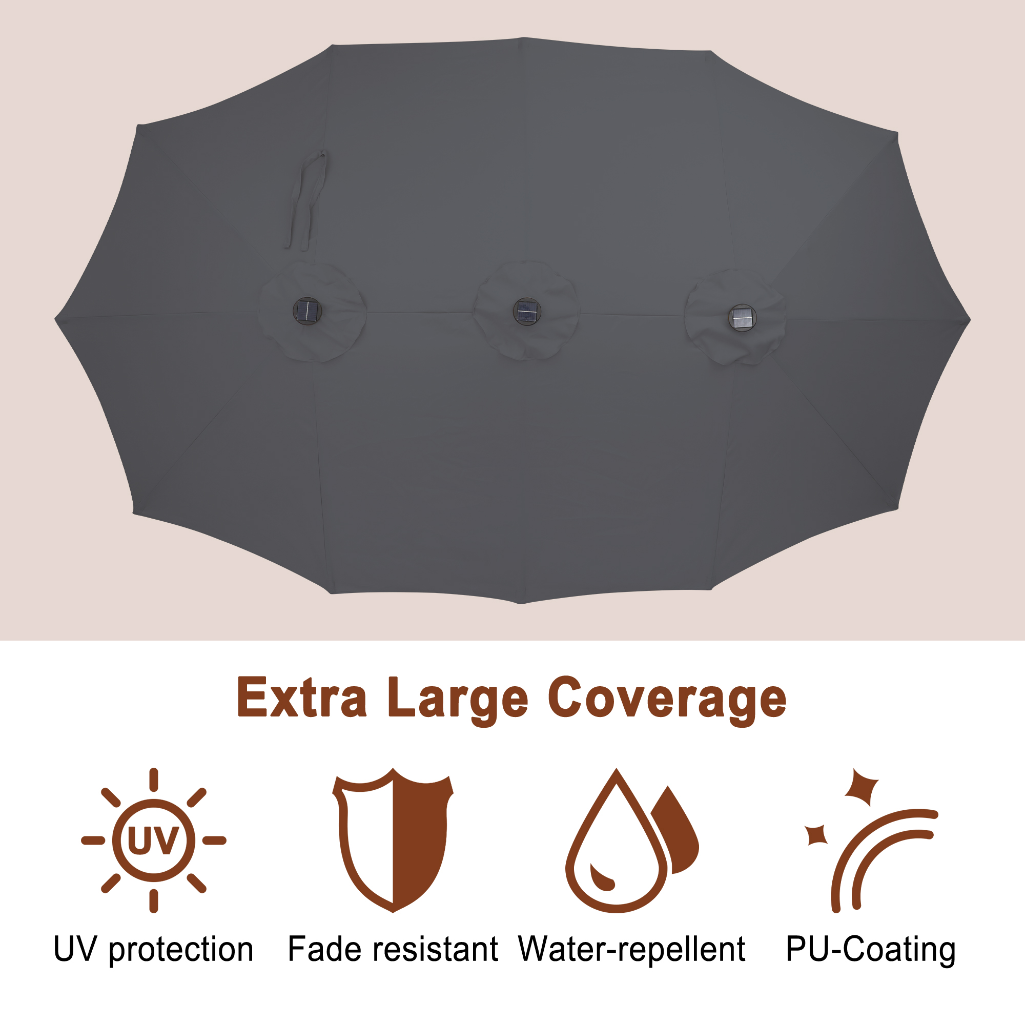 15ft Double-Sided Outdoor Umbrella with Solar String Lights & Base