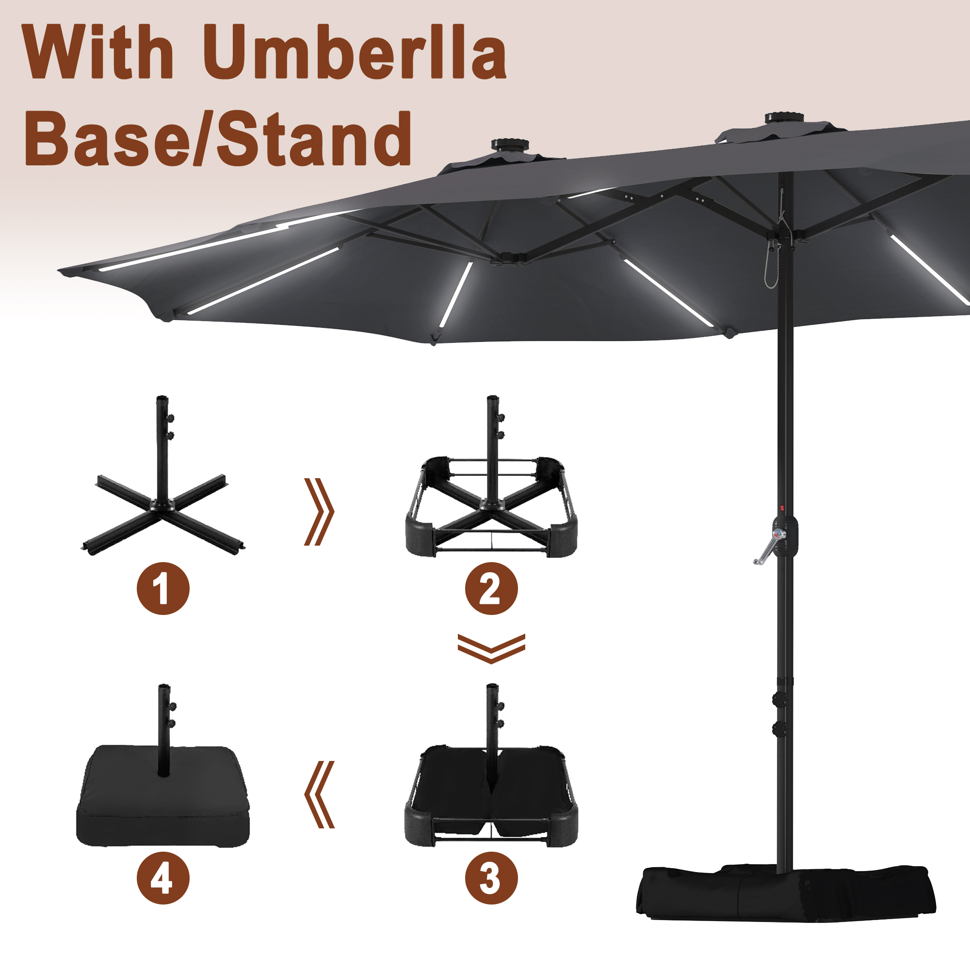 15ft Double-Sided Outdoor Umbrella with Solar String Lights & Base