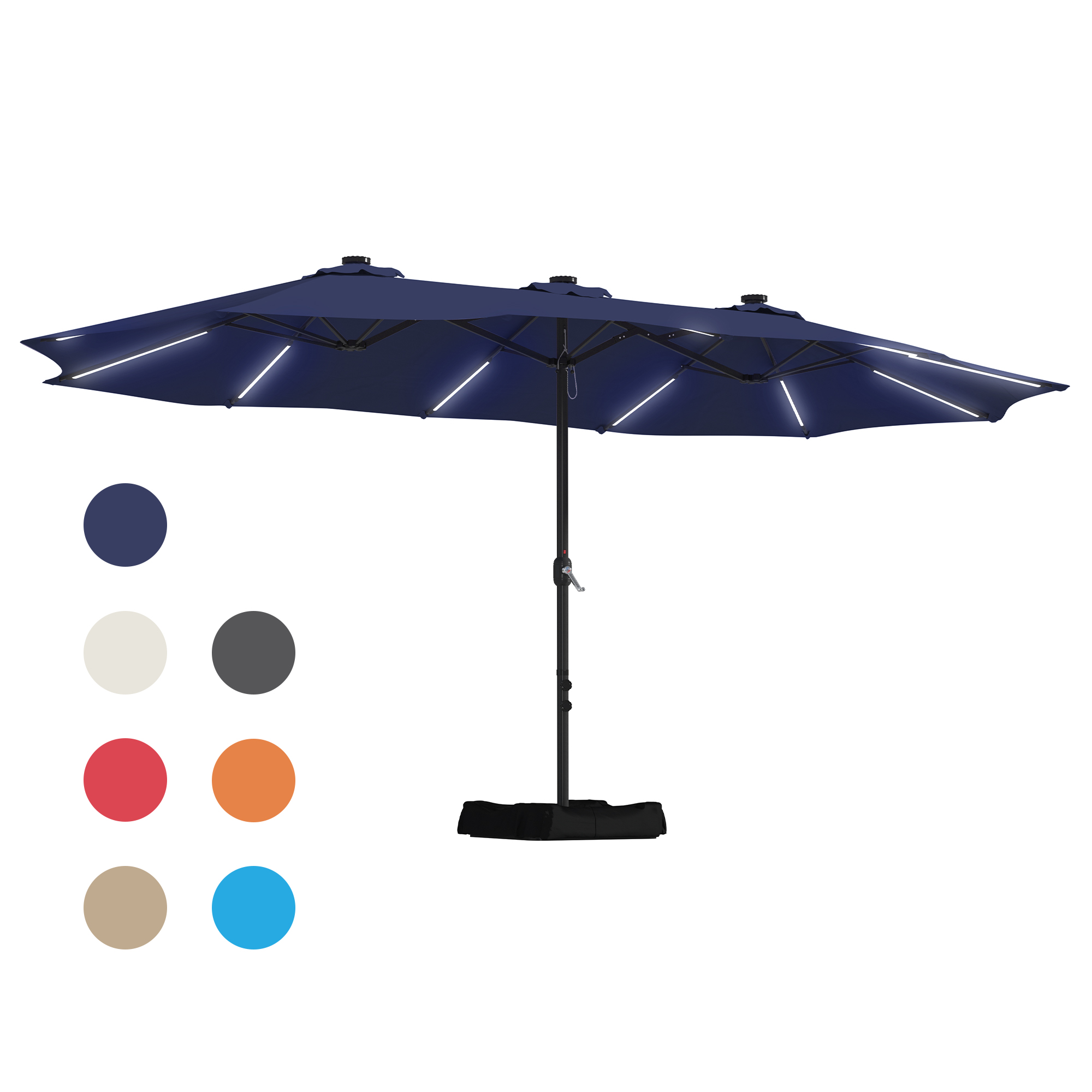 15ft Double-Sided Outdoor Umbrella with Solar String Lights & Base