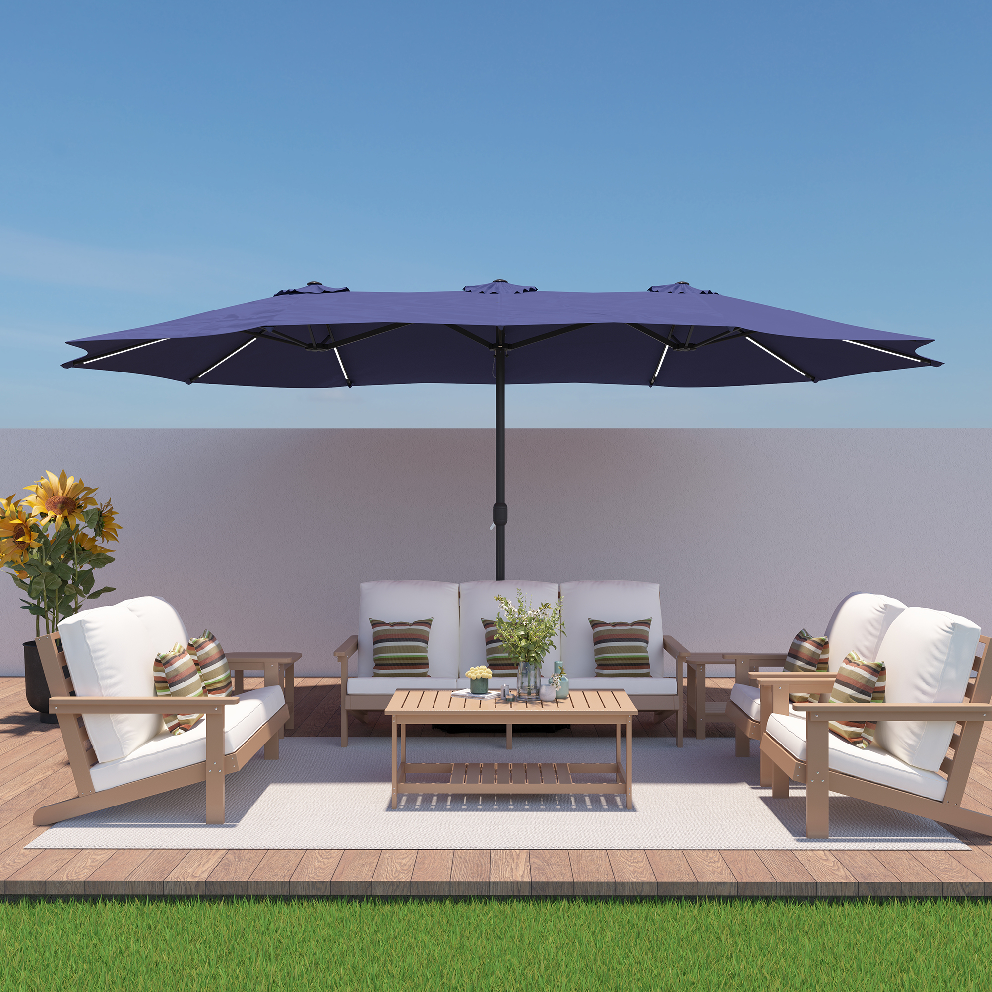 15ft Double-Sided Outdoor Umbrella with Solar String Lights & Base