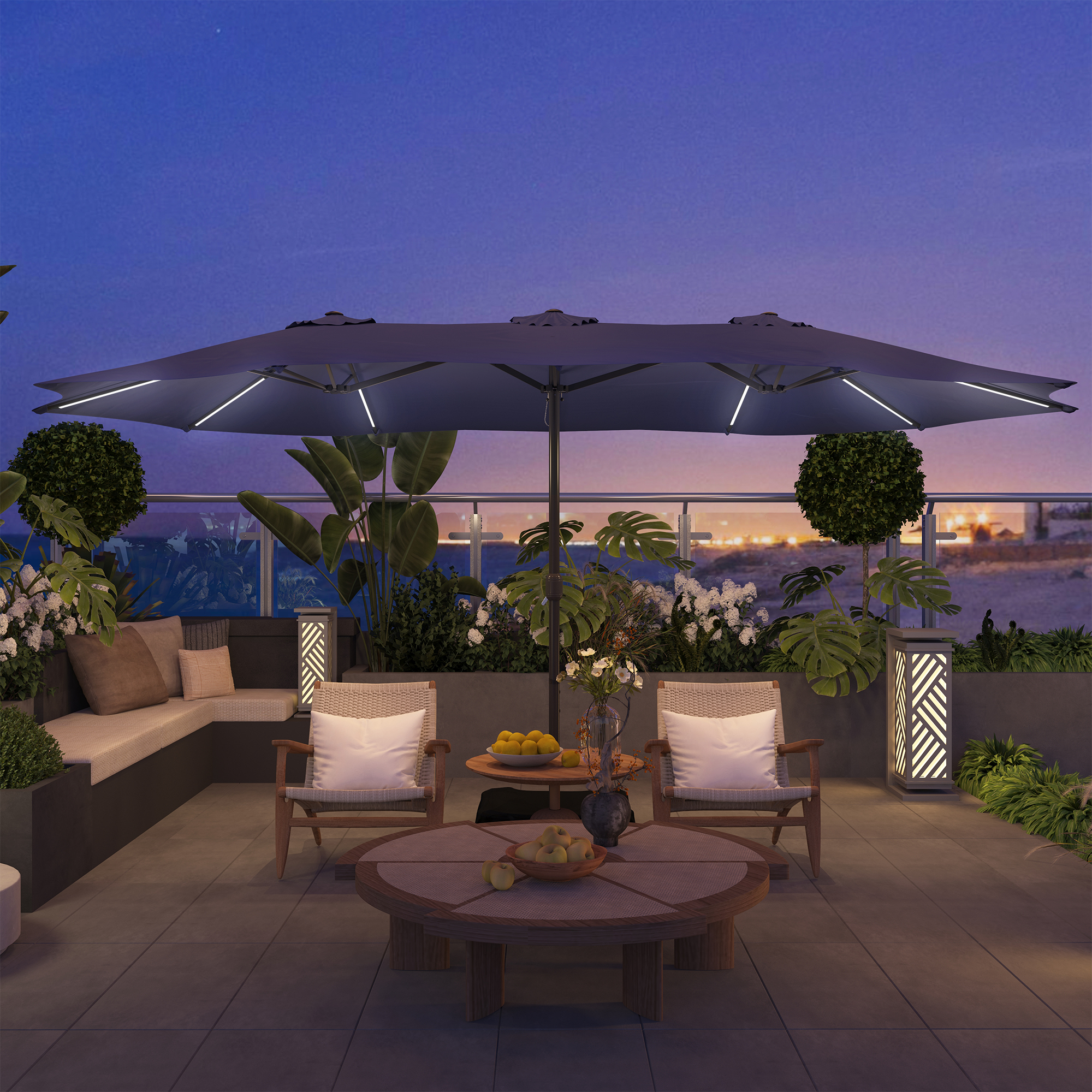 15ft Double-Sided Outdoor Umbrella with Solar String Lights & Base