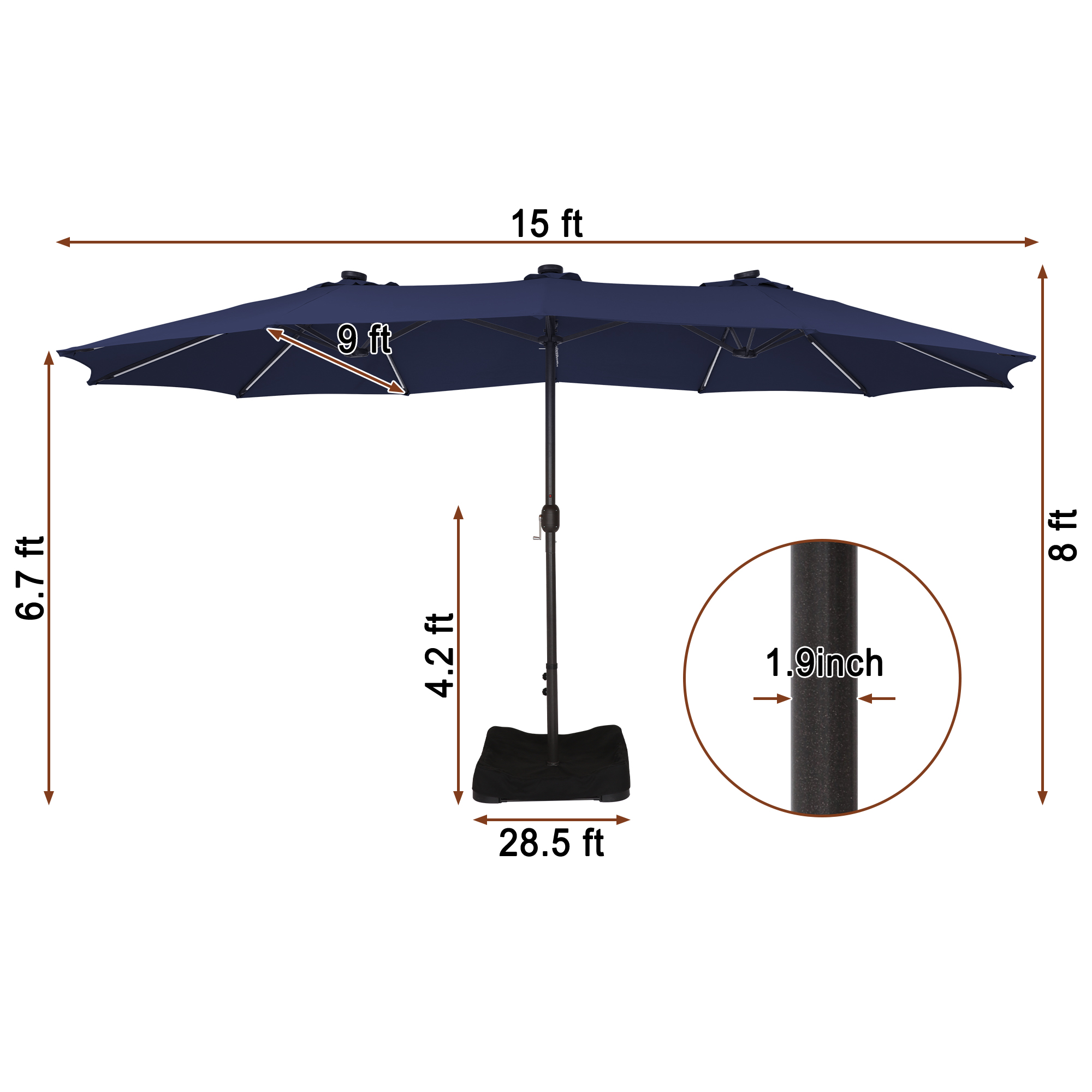 15ft Double-Sided Outdoor Umbrella with Solar String Lights & Base