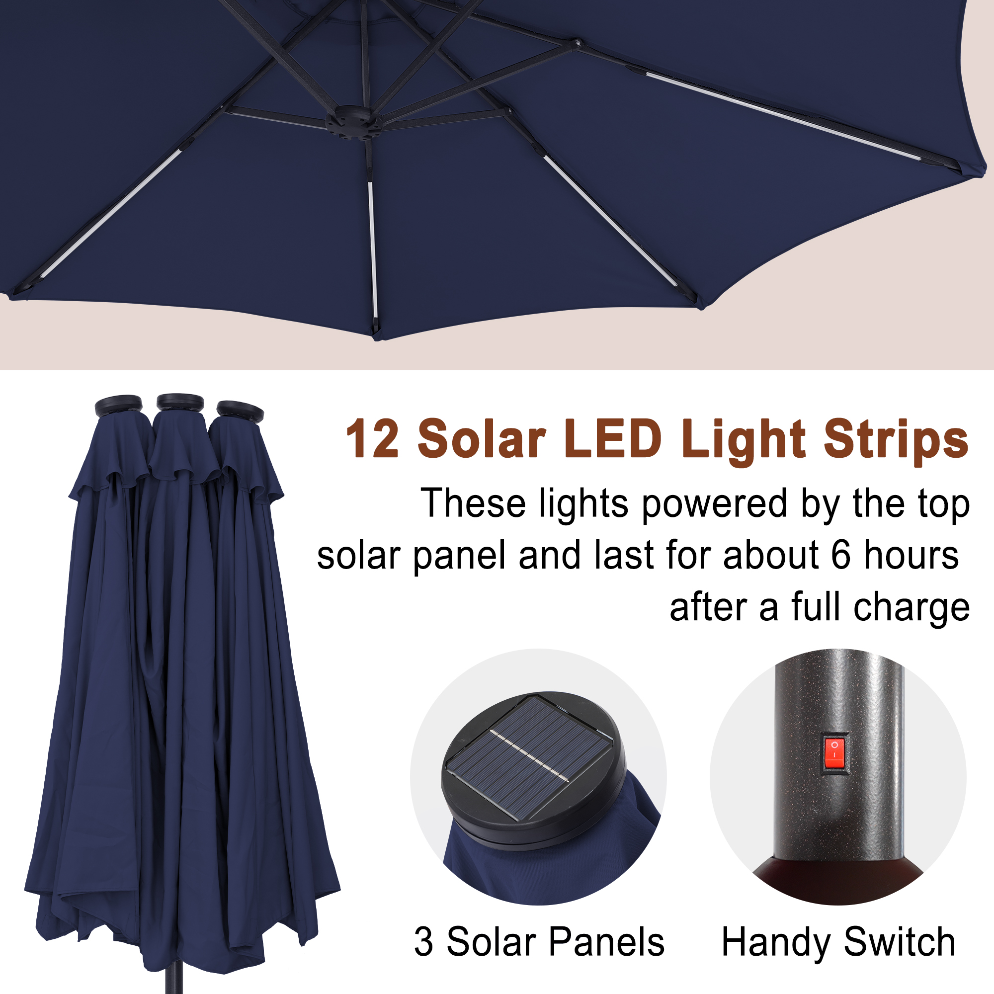 15ft Double-Sided Outdoor Umbrella with Solar String Lights & Base