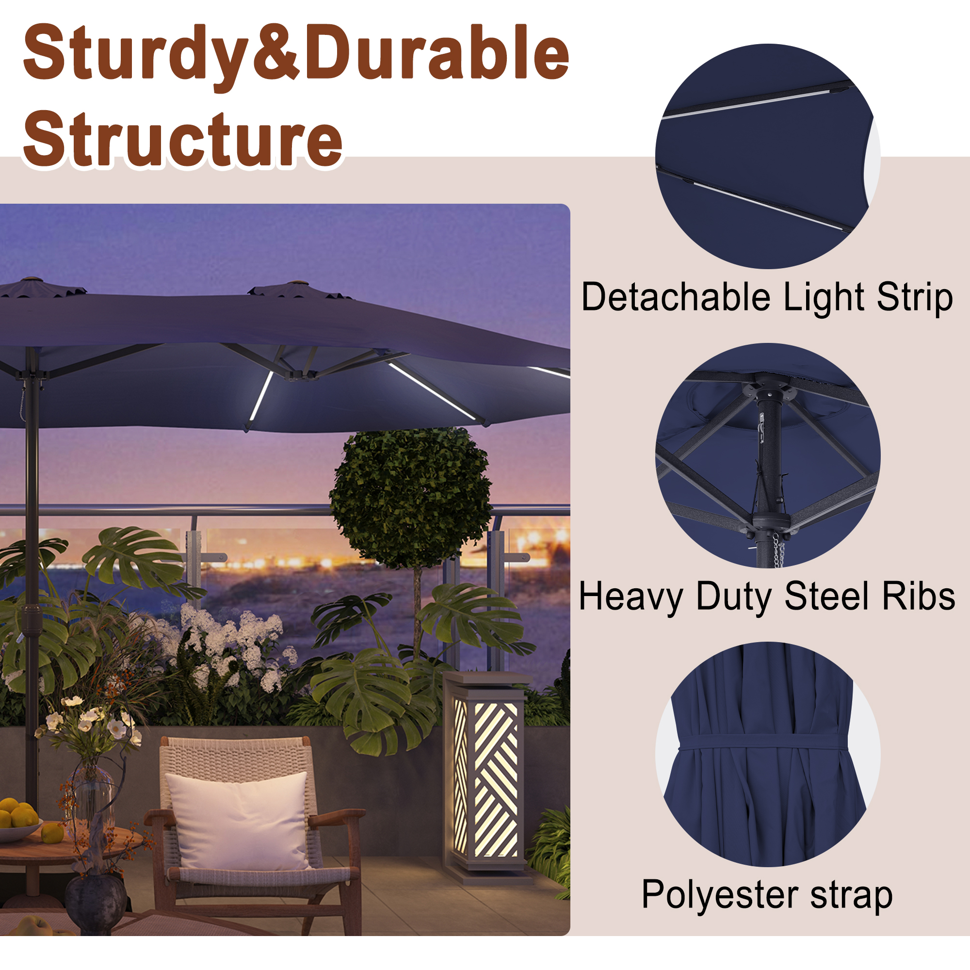 15ft Double-Sided Outdoor Umbrella with Solar String Lights & Base