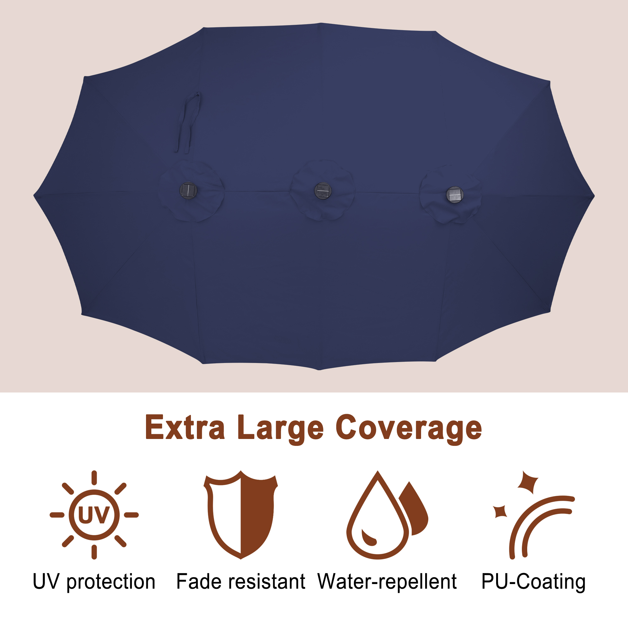 15ft Double-Sided Outdoor Umbrella with Solar String Lights & Base