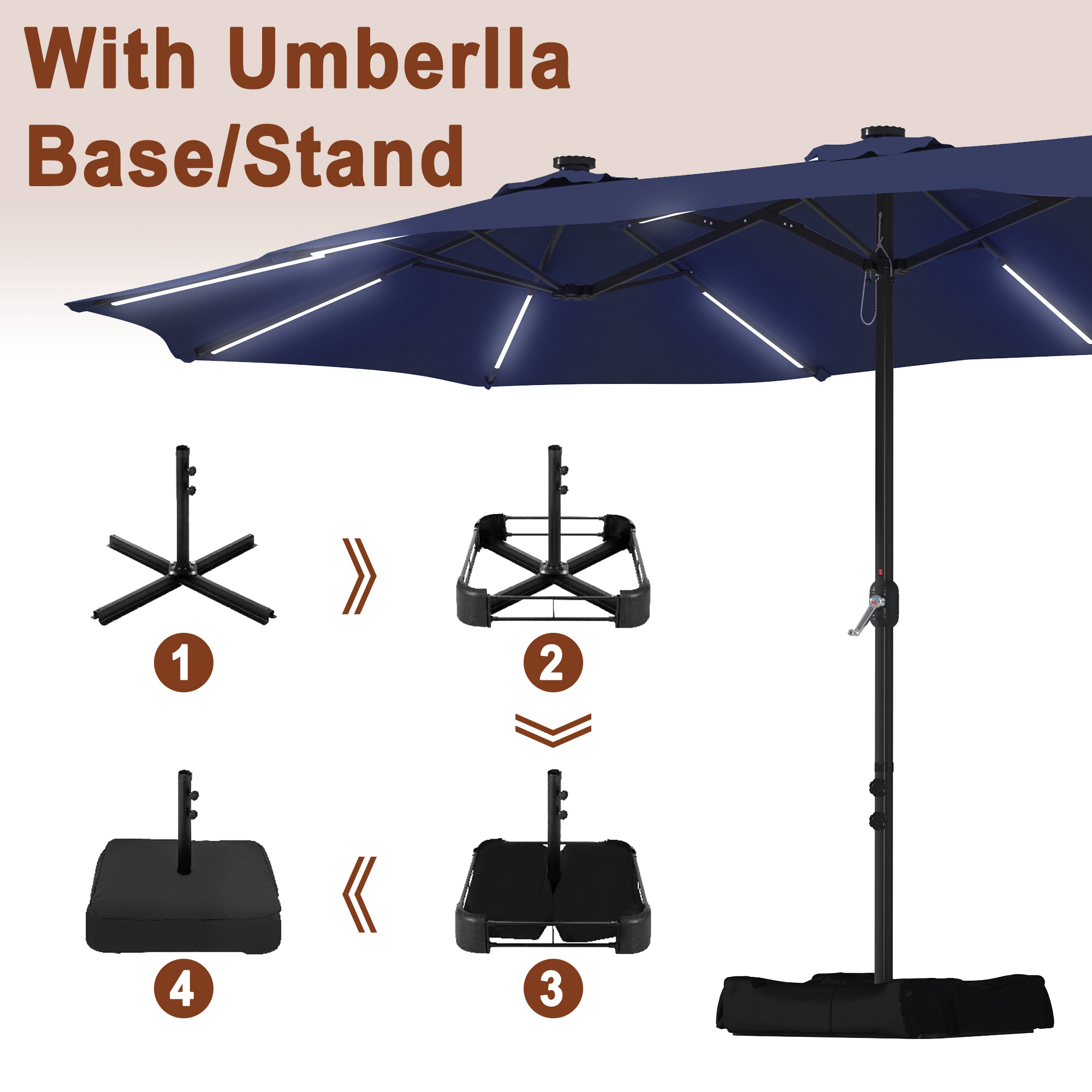 15ft Double-Sided Outdoor Umbrella with Solar String Lights & Base