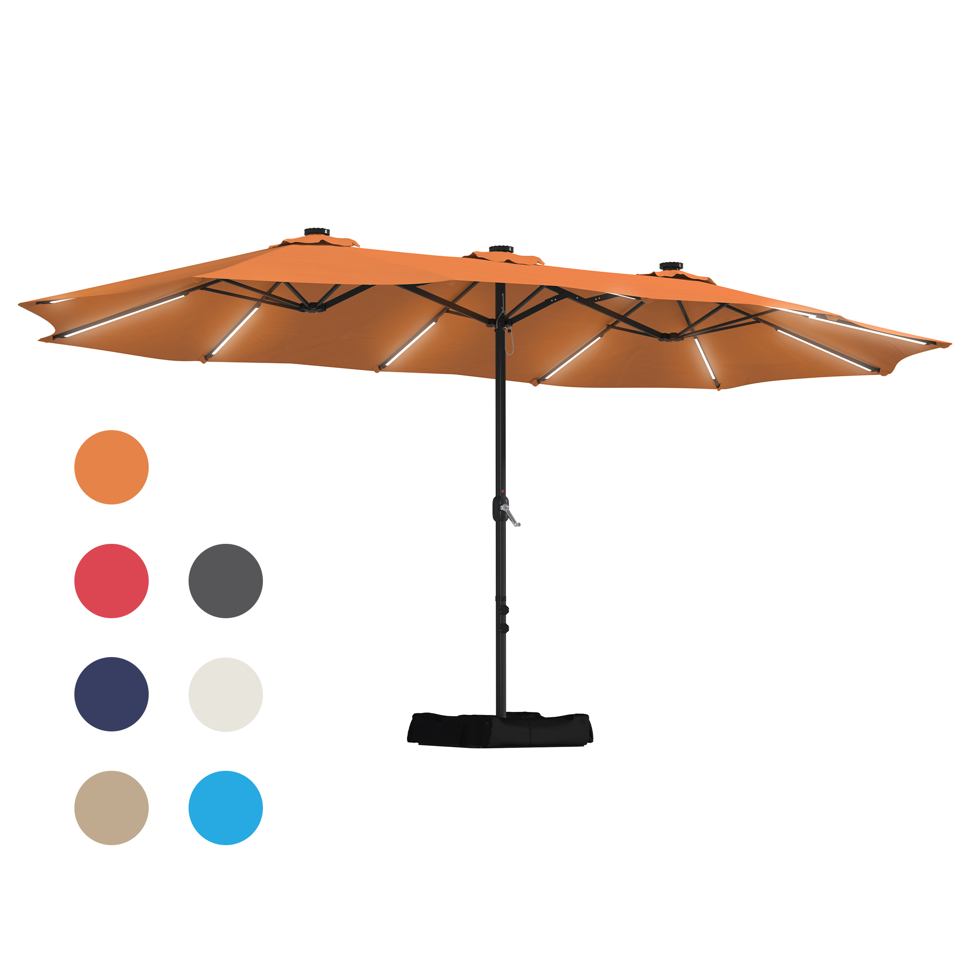 15ft Double-Sided Outdoor Umbrella with Solar String Lights & Base