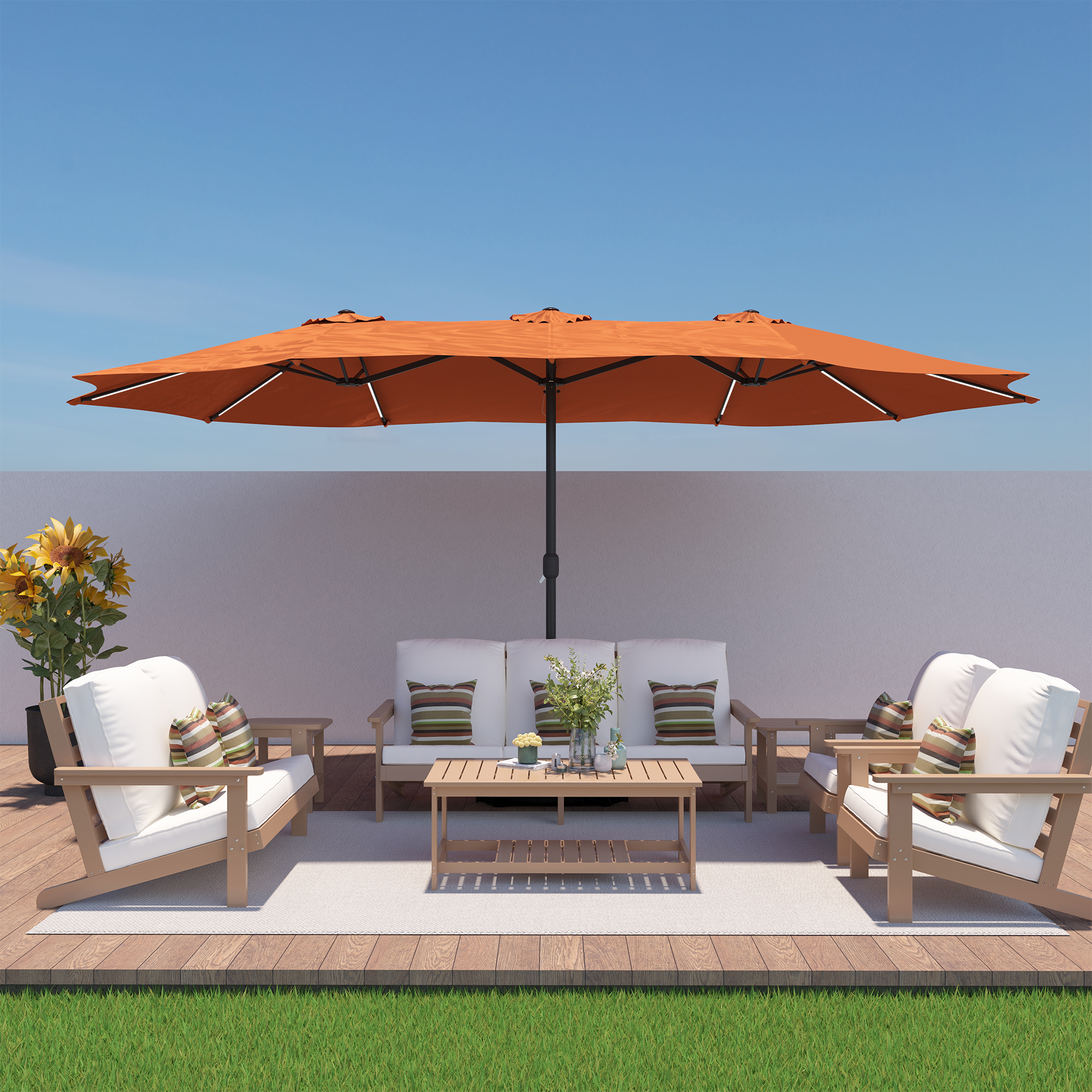 15ft Double-Sided Outdoor Umbrella with Solar String Lights & Base