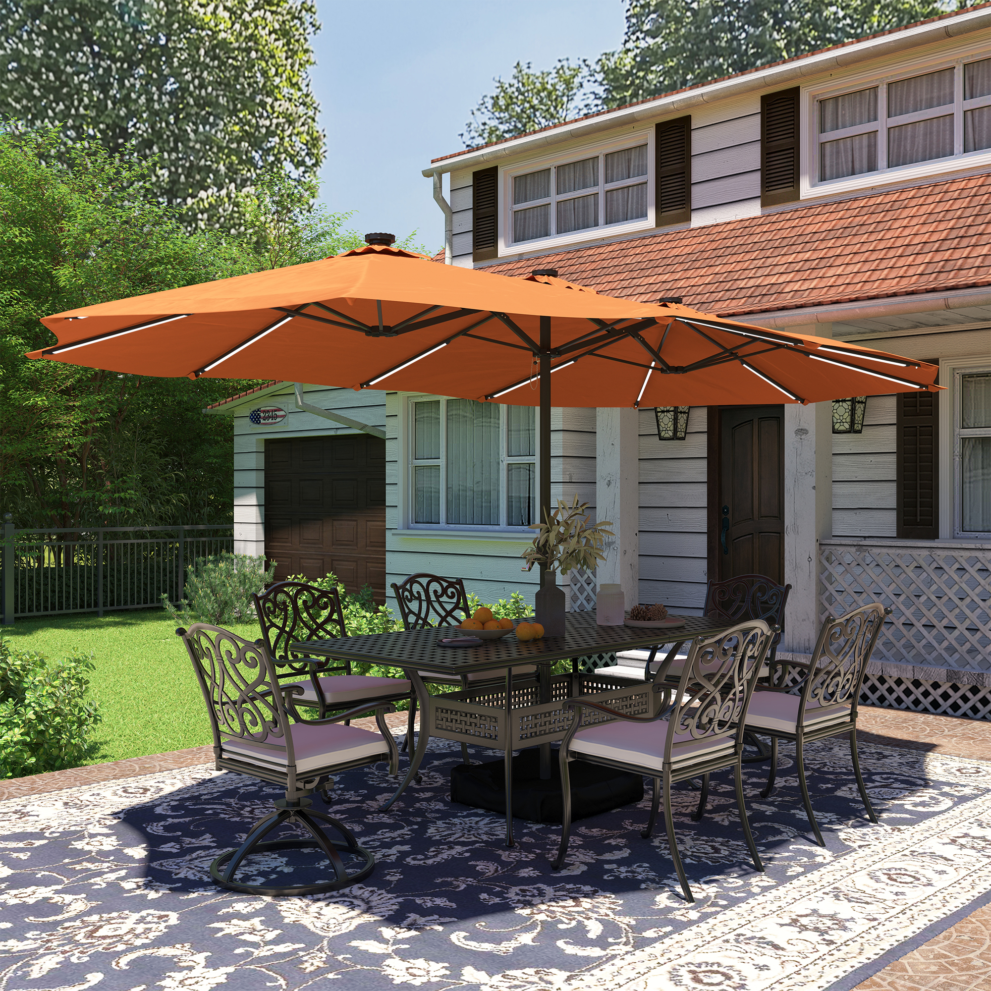 15ft Double-Sided Outdoor Umbrella with Solar String Lights & Base